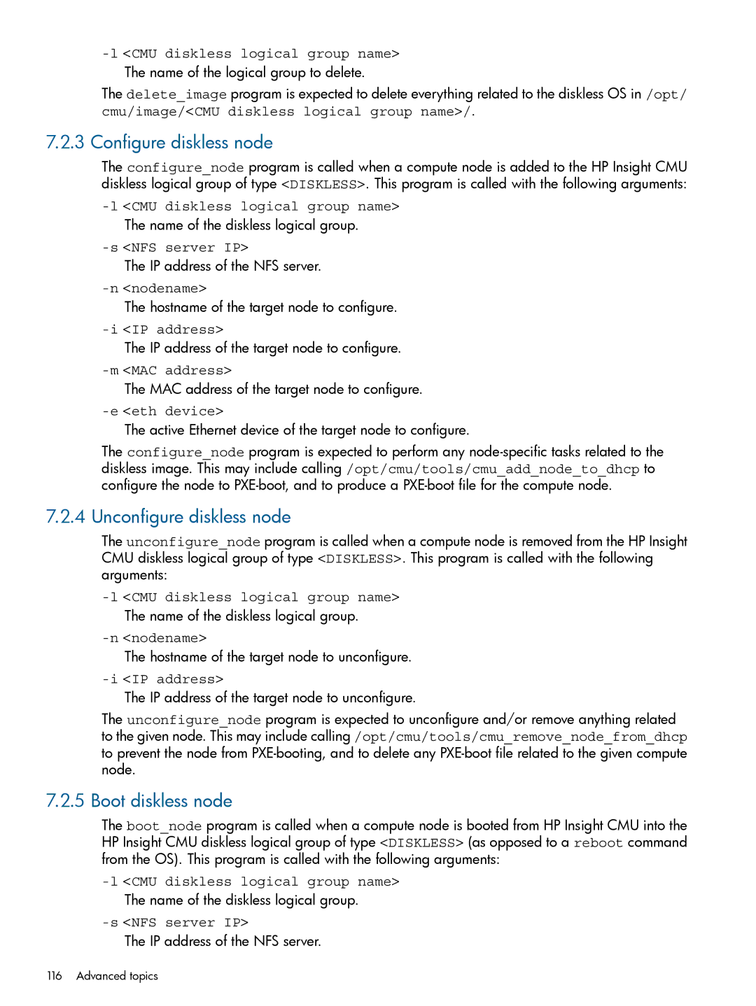 HP Insight Cluster Management Utility manual Configure diskless node, Unconfigure diskless node, Boot diskless node 