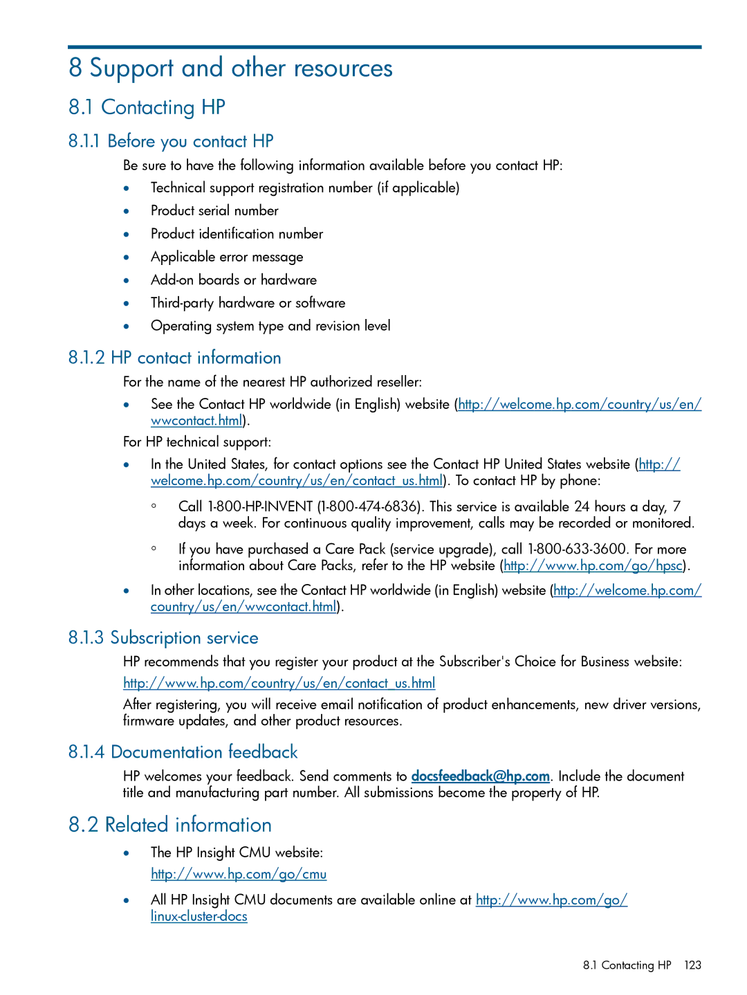 HP Insight Cluster Management Utility manual Support and other resources, Contacting HP, Related information 