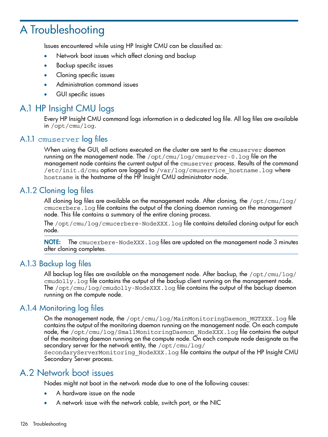 HP Insight Cluster Management Utility manual Troubleshooting, HP Insight CMU logs, Network boot issues 