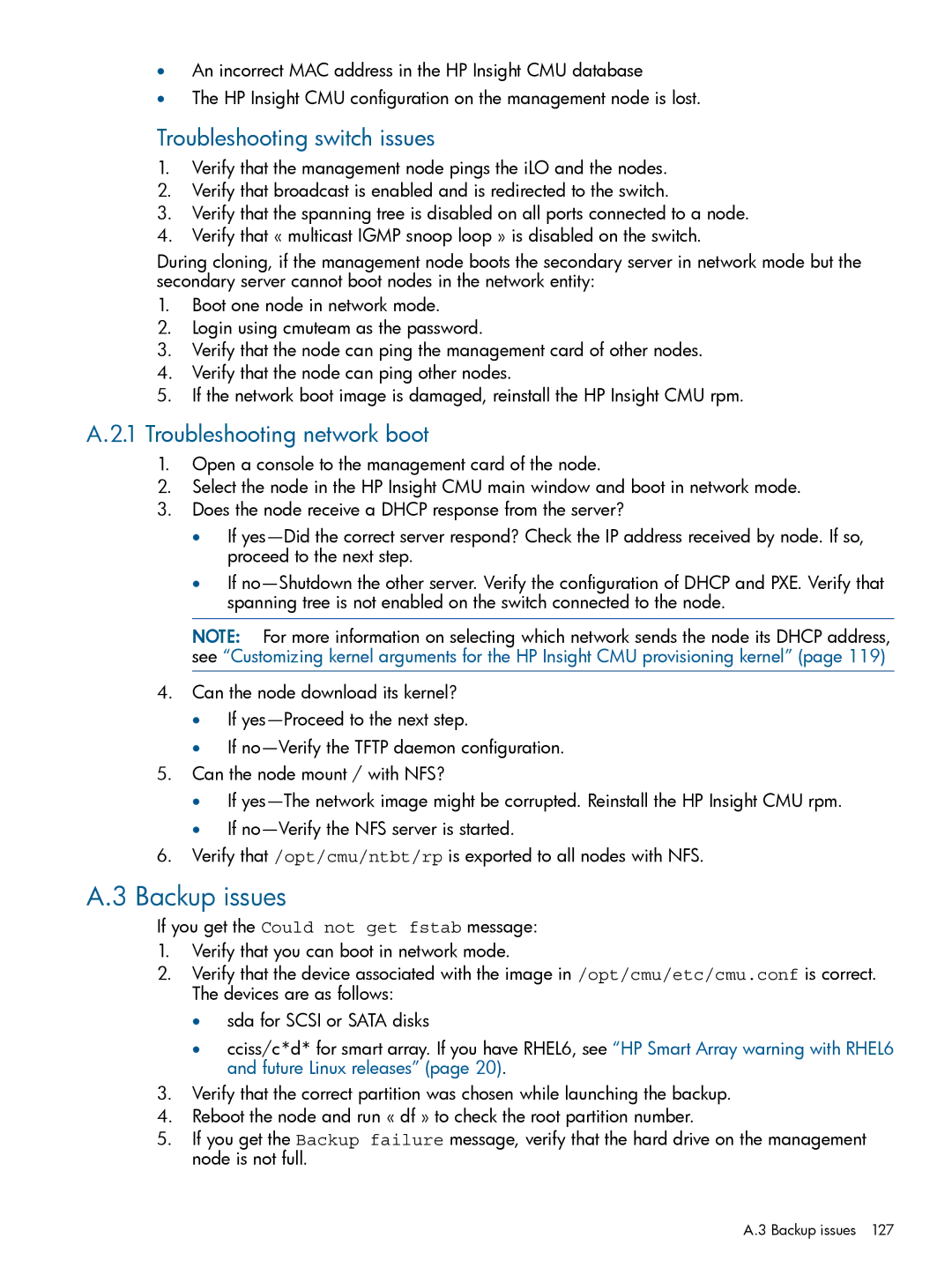 HP Insight Cluster Management Utility manual Backup issues, Troubleshooting switch issues, Troubleshooting network boot 