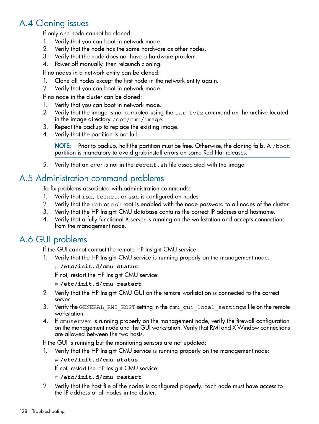 HP Insight Cluster Management Utility manual Cloning issues, Administration command problems, GUI problems 