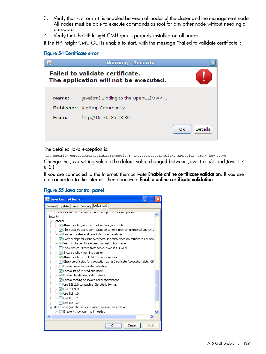 HP Insight Cluster Management Utility manual Certificate error, Detailed Java exception is 