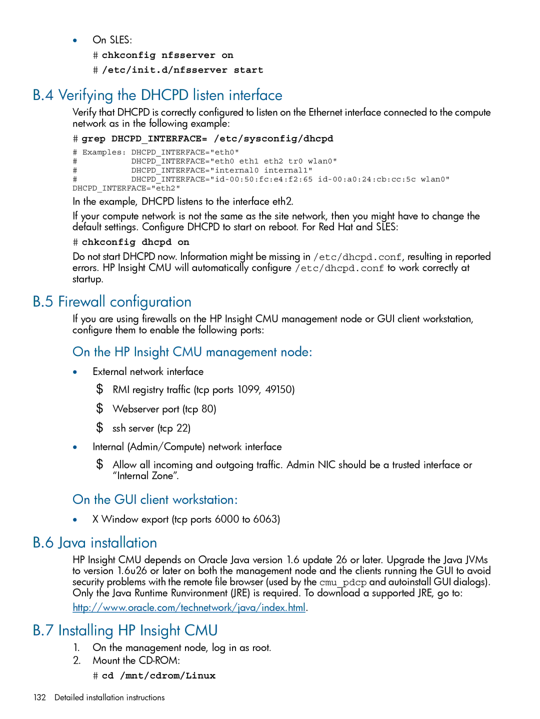 HP Insight Cluster Management Utility Verifying the Dhcpd listen interface, Firewall configuration, Java installation 