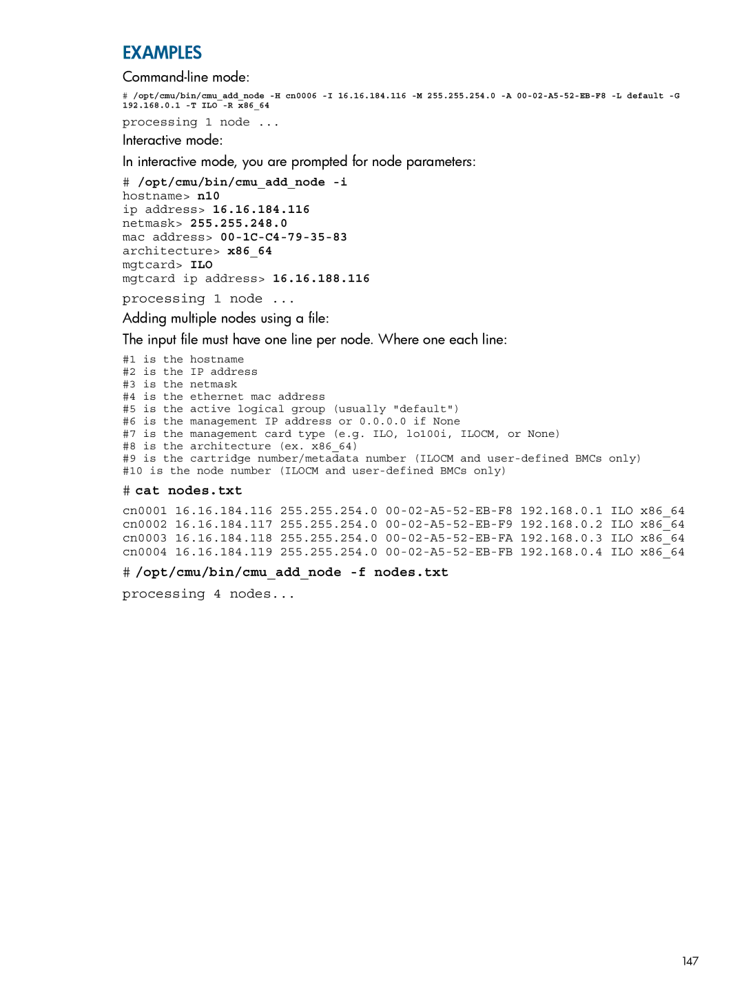 HP Insight Cluster Management Utility manual Command-line mode, Processing 1 node, # cat nodes.txt, Processing 4 nodes 