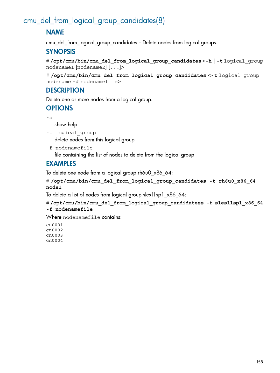 HP Insight Cluster Management Utility Cmudelfromlogicalgroupcandidates8, Delete one or more nodes from a logical group 