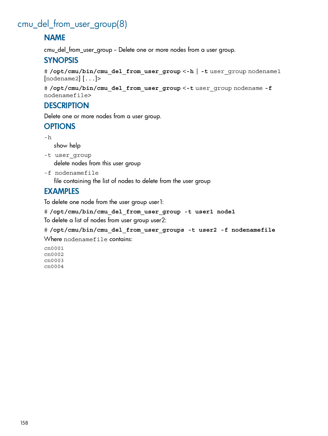 HP Insight Cluster Management Utility manual Cmudelfromusergroup8, # /opt/cmu/bin/cmudelfromusergroup -t user1 node1 