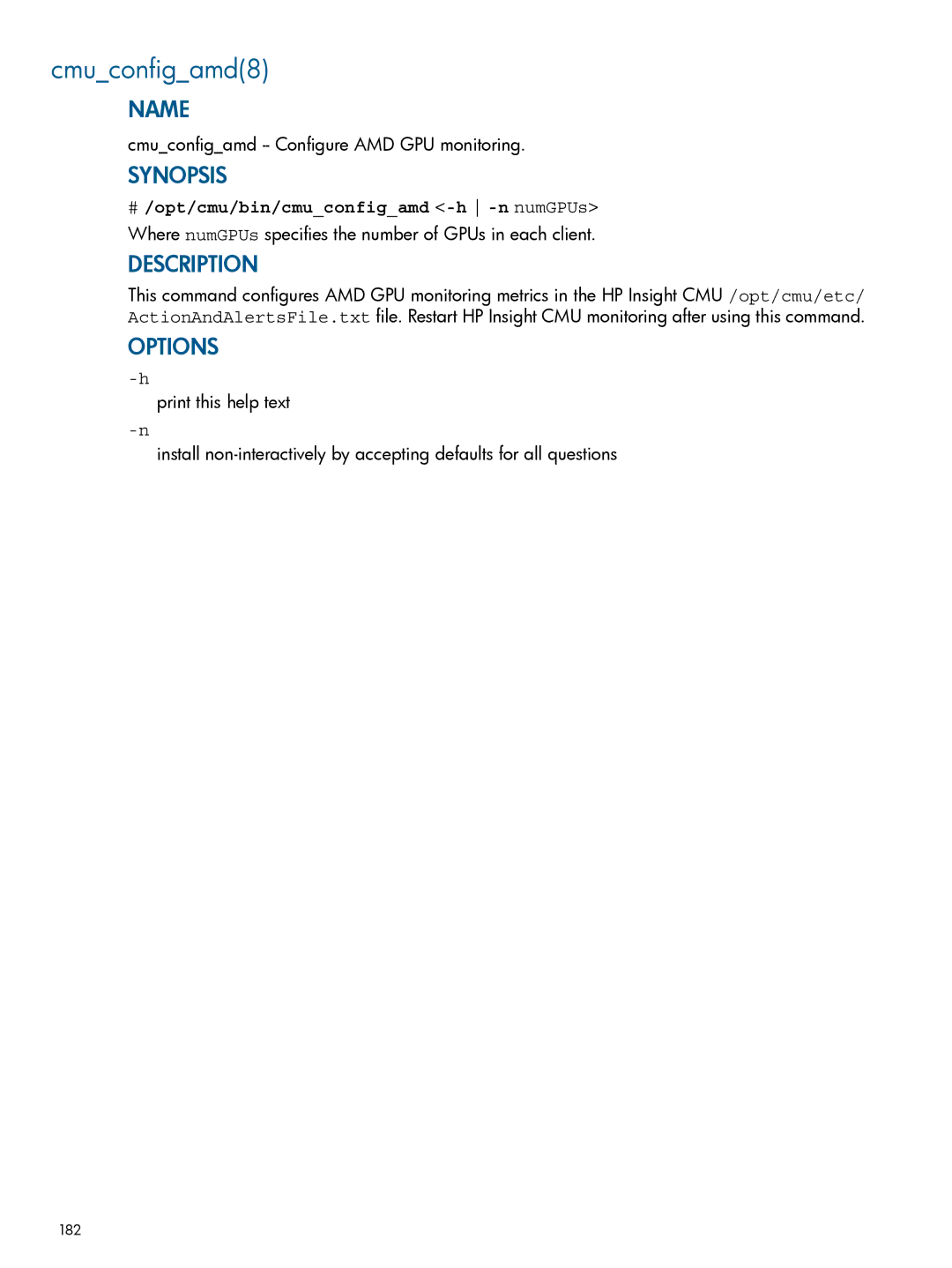 HP Insight Cluster Management Utility manual Cmuconfigamd8, Cmuconfigamd -- Configure AMD GPU monitoring 