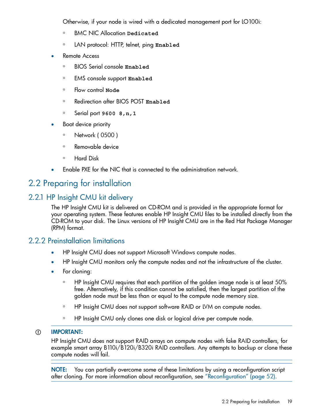 HP Insight Cluster Management Utility Preparing for installation, HP Insight CMU kit delivery, Preinstallation limitations 