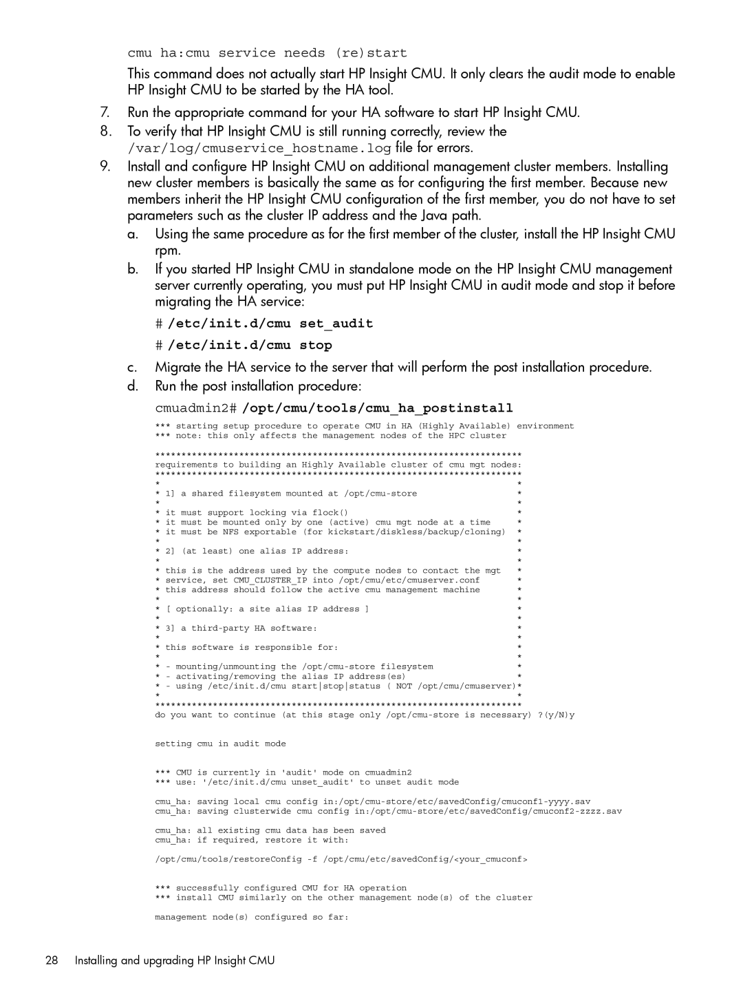 HP Insight Cluster Management Utility Cmu hacmu service needs restart, Var/log/cmuservicehostname.log file for errors 