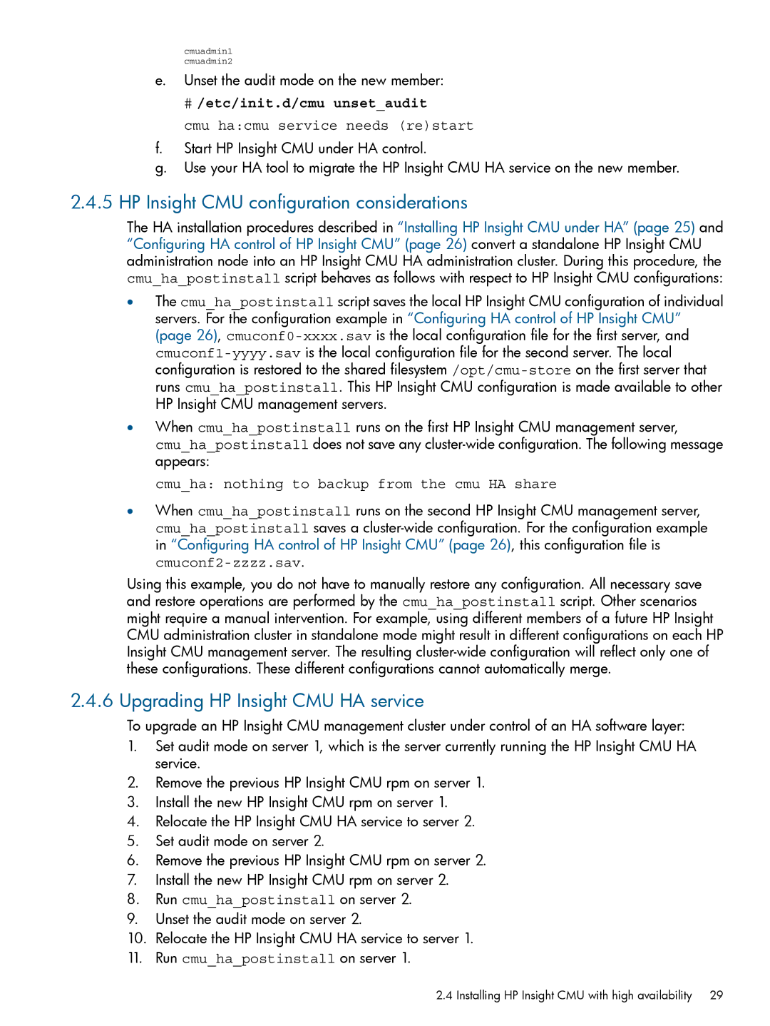 HP Insight Cluster Management Utility HP Insight CMU configuration considerations, Upgrading HP Insight CMU HA service 