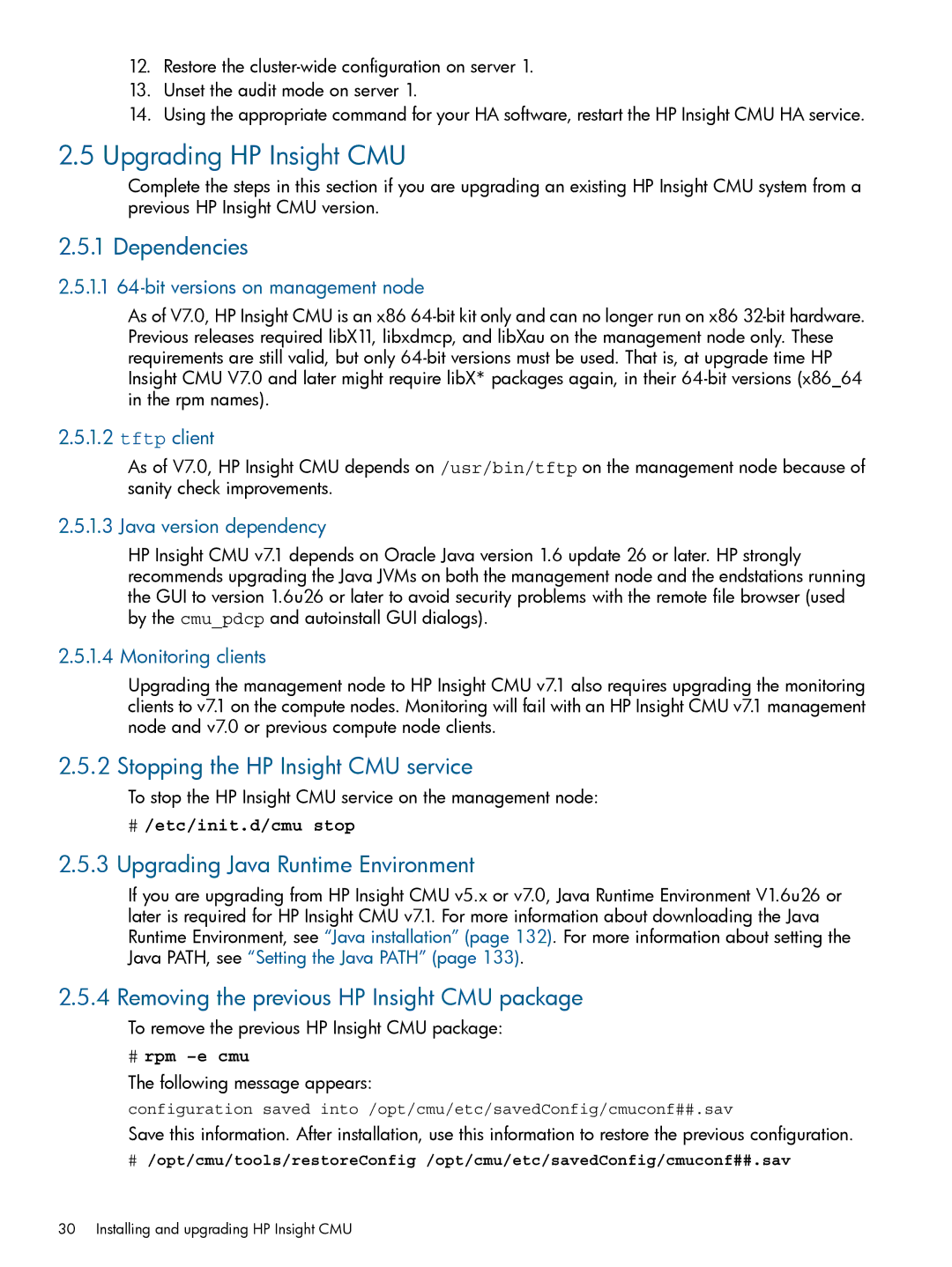 HP Insight Cluster Management Utility manual Upgrading HP Insight CMU, Dependencies, Stopping the HP Insight CMU service 