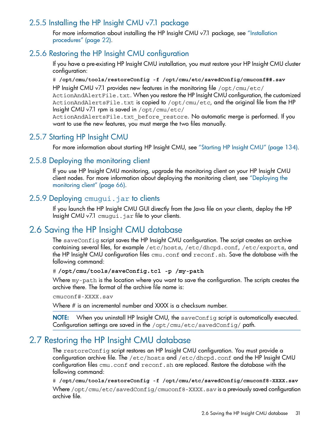 HP Insight Cluster Management Utility manual Saving the HP Insight CMU database, Restoring the HP Insight CMU database 