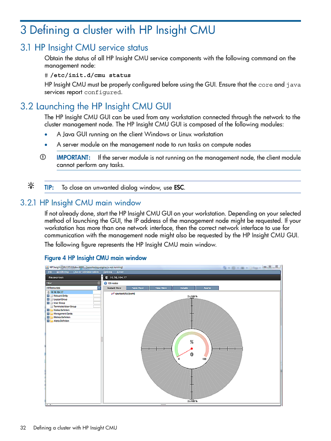 HP Insight Cluster Management Utility manual Defining a cluster with HP Insight CMU, HP Insight CMU service status 