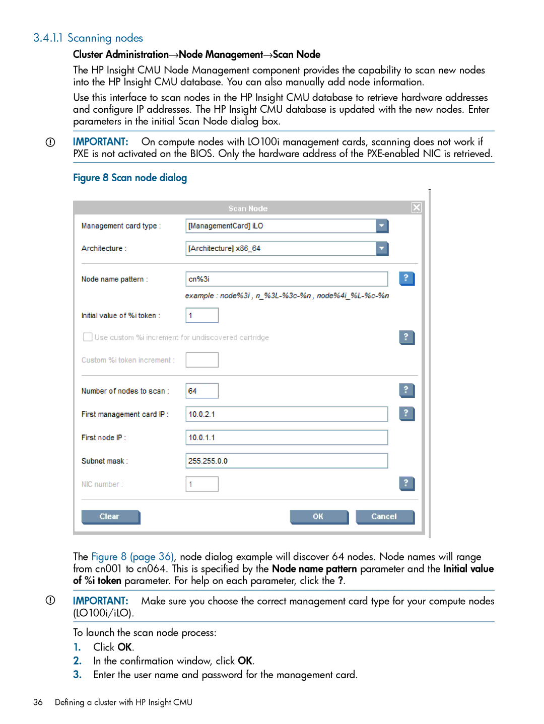 HP Insight Cluster Management Utility manual Scanning nodes, Scan node dialog 