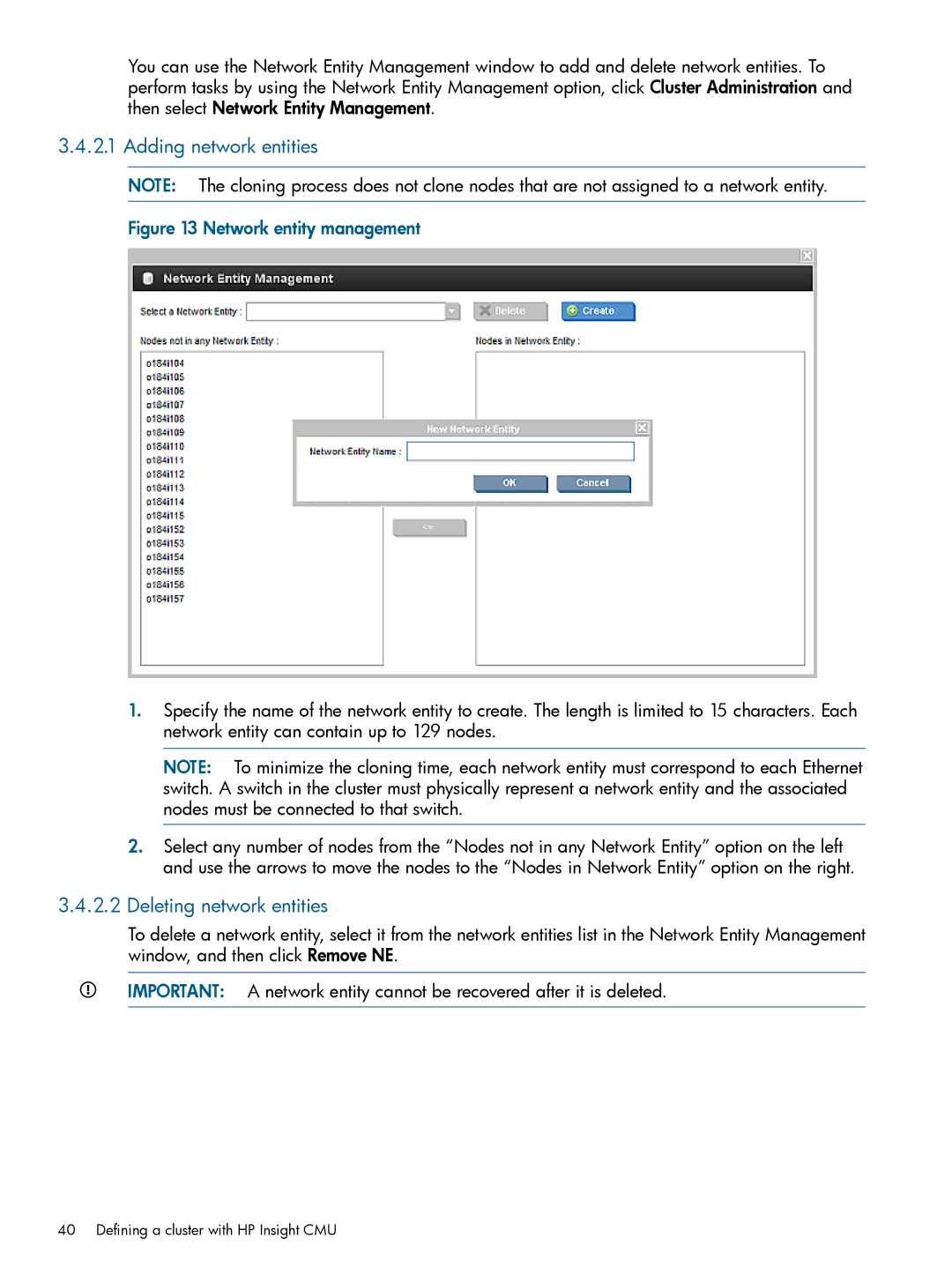 HP Insight Cluster Management Utility manual Adding network entities, Deleting network entities 