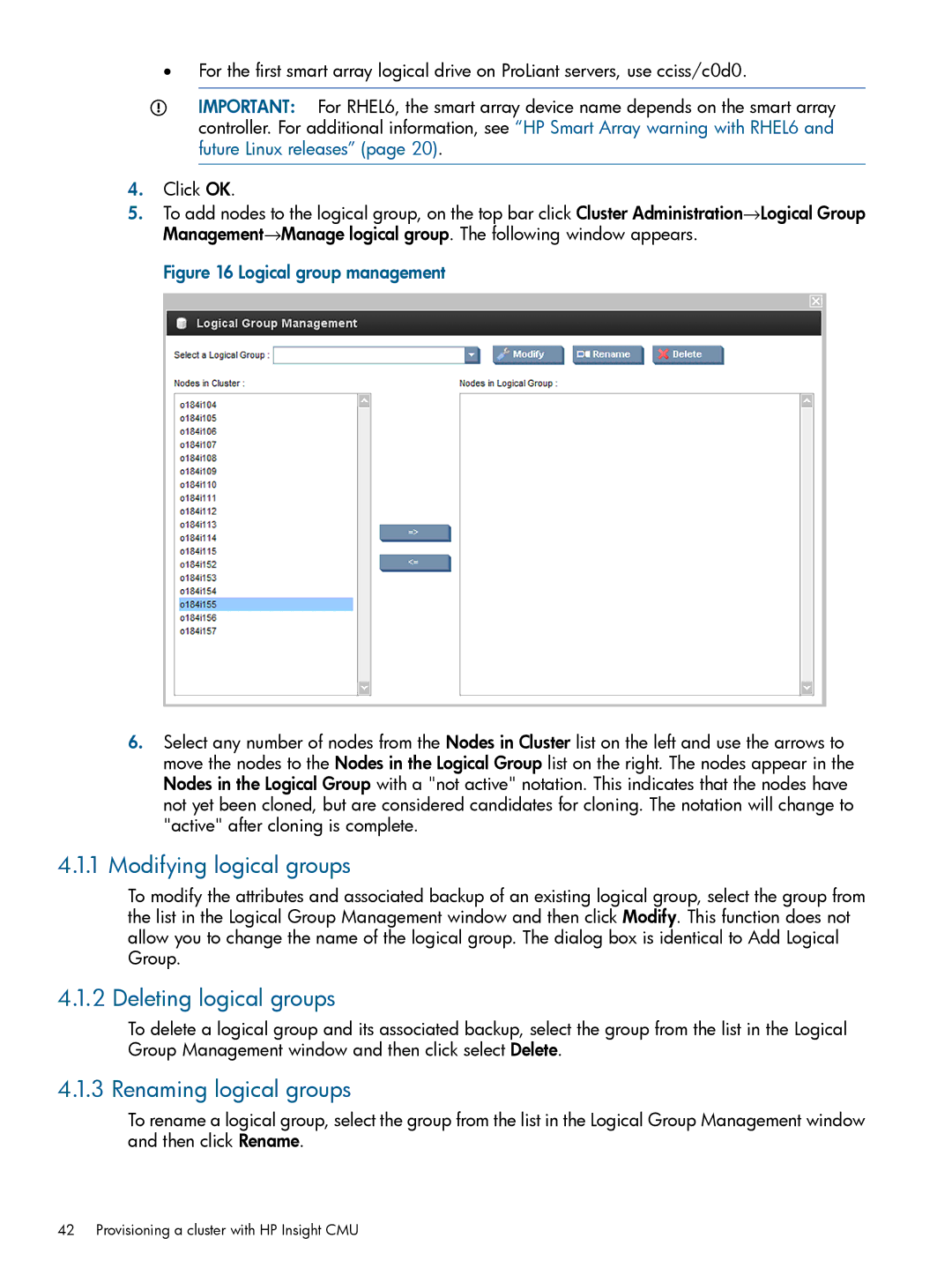 HP Insight Cluster Management Utility manual Modifying logical groups, Deleting logical groups, Renaming logical groups 