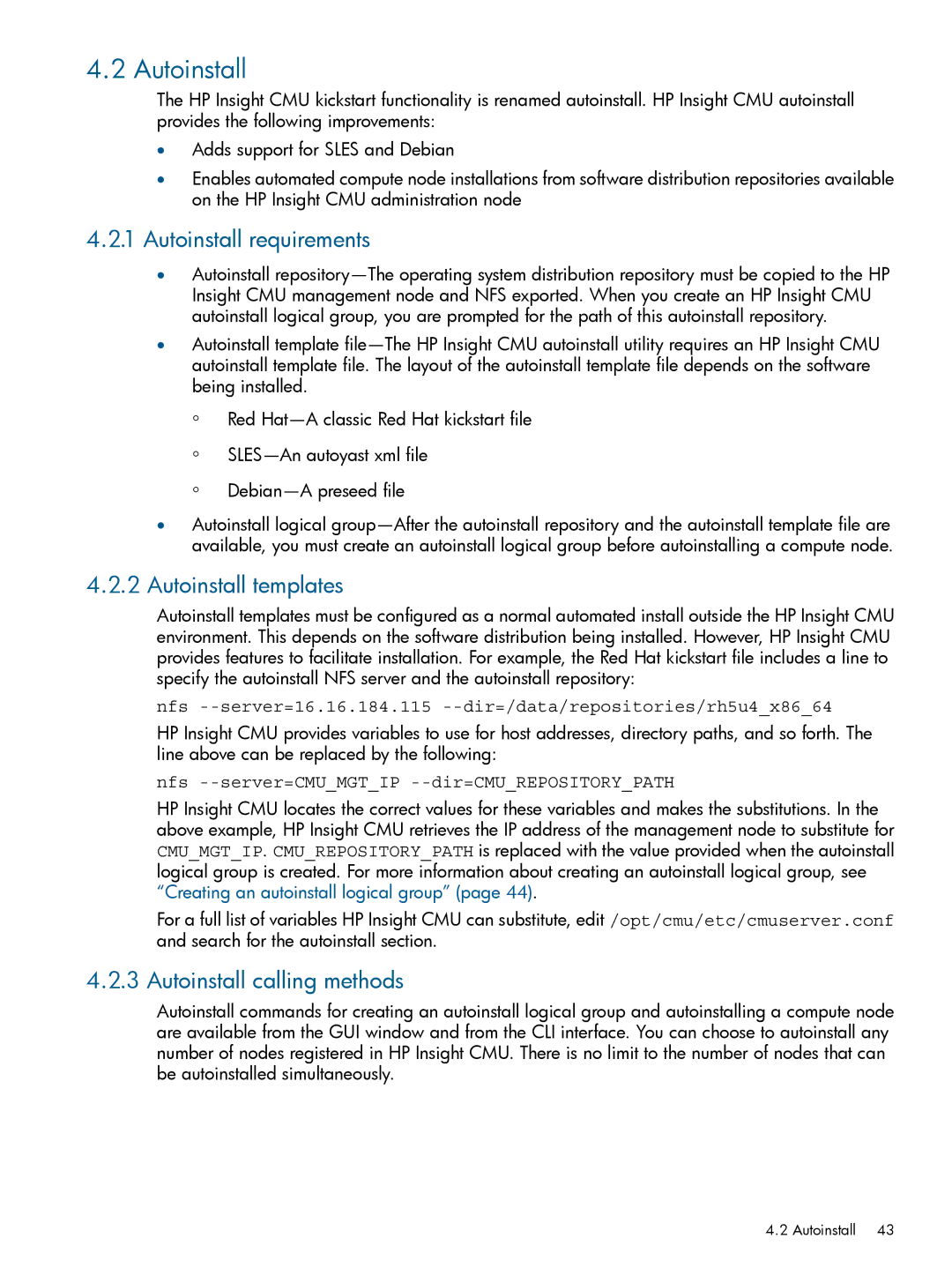 HP Insight Cluster Management Utility Autoinstall requirements, Autoinstall templates, Autoinstall calling methods 