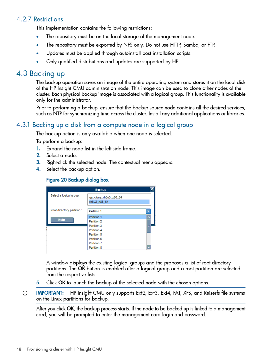 HP Insight Cluster Management Utility manual Restrictions, Backing up a disk from a compute node in a logical group 