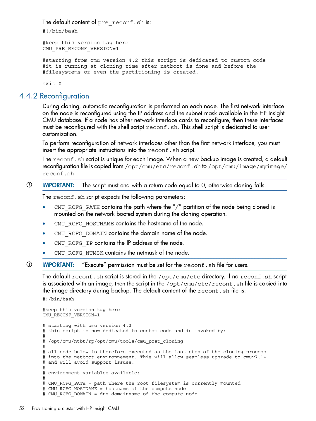 HP Insight Cluster Management Utility manual Reconfiguration, Default content of prereconf.sh is 