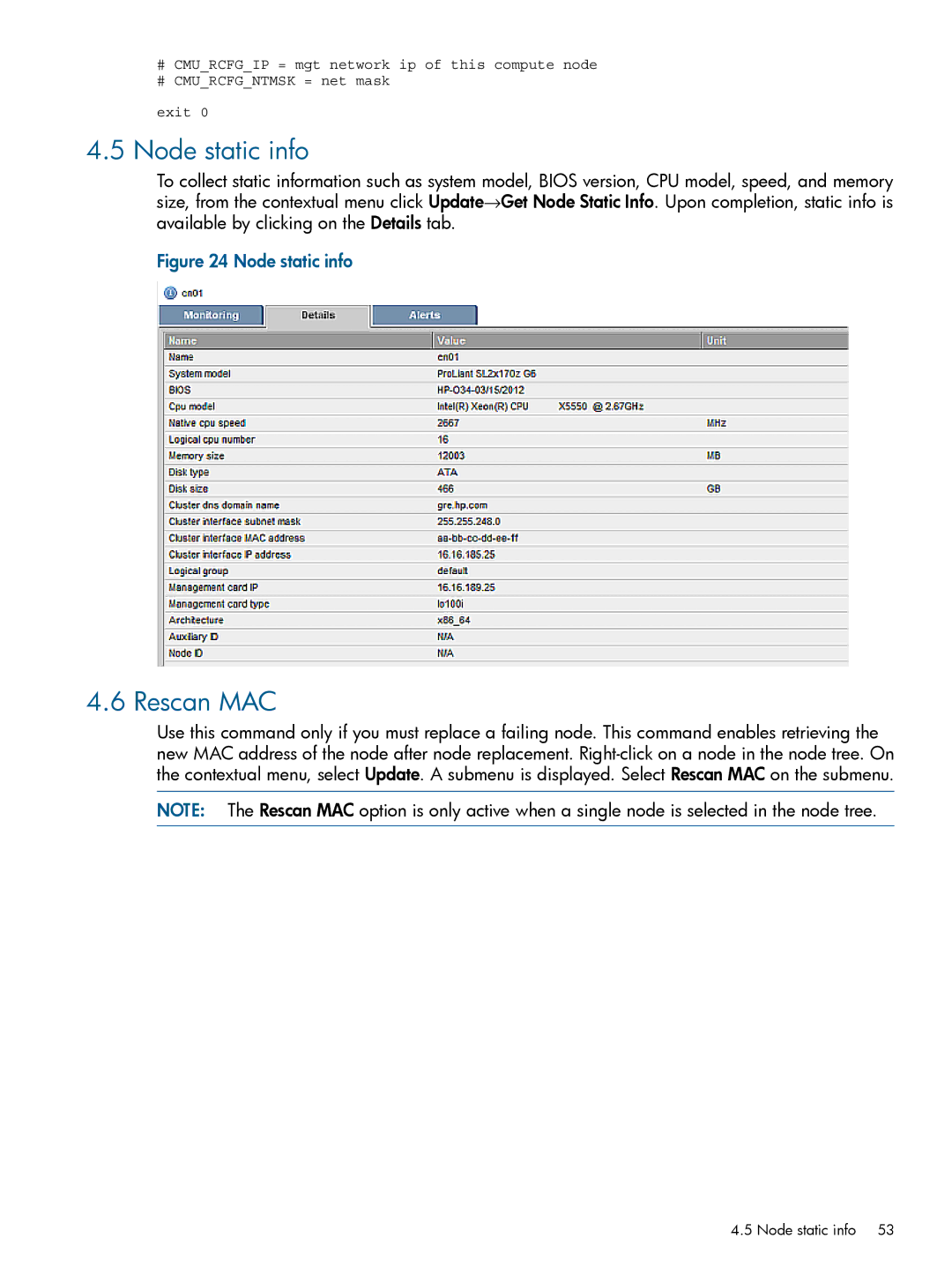 HP Insight Cluster Management Utility manual Node static info, Rescan MAC 