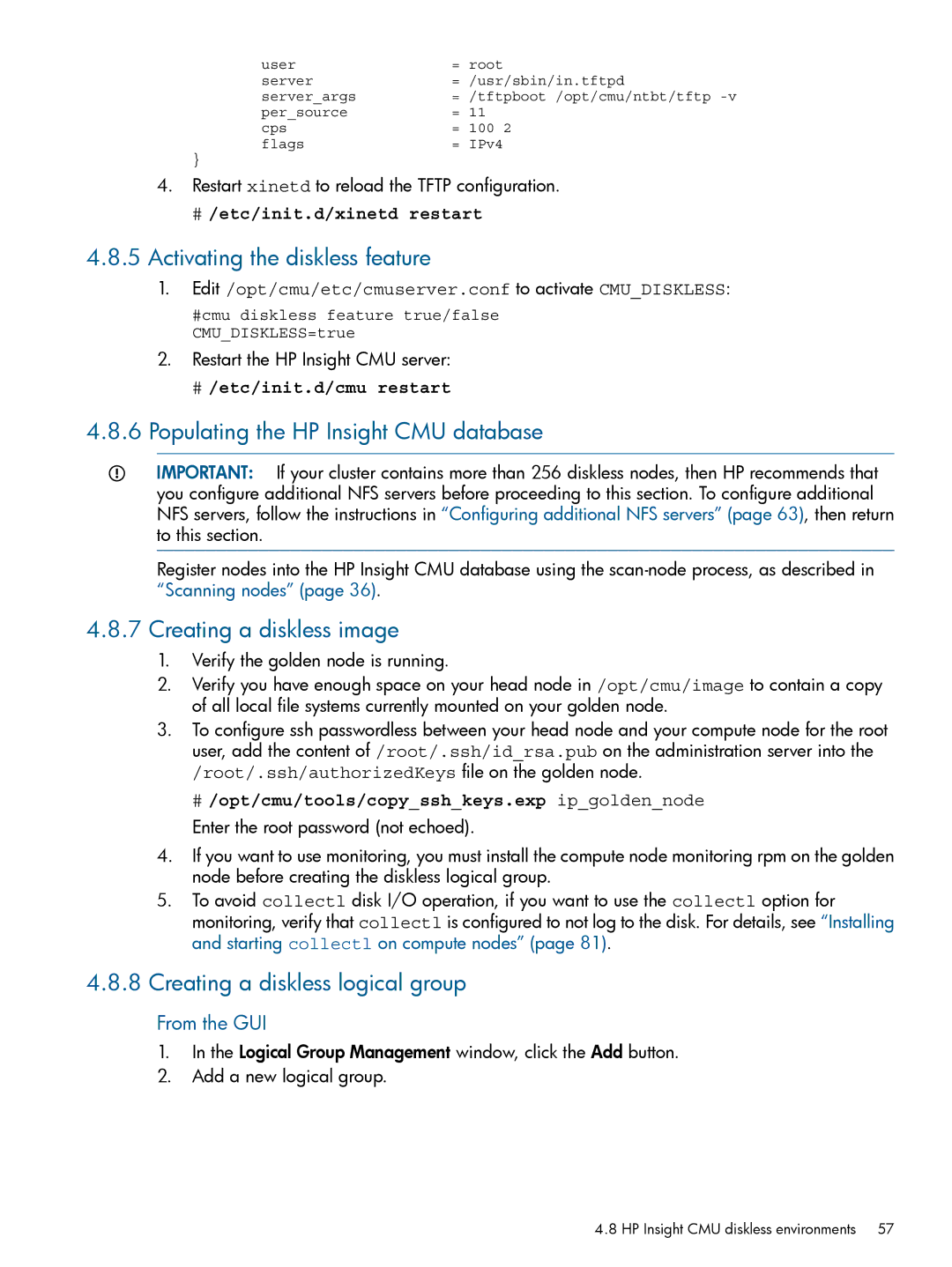 HP Insight Cluster Management Utility manual Activating the diskless feature, Populating the HP Insight CMU database 