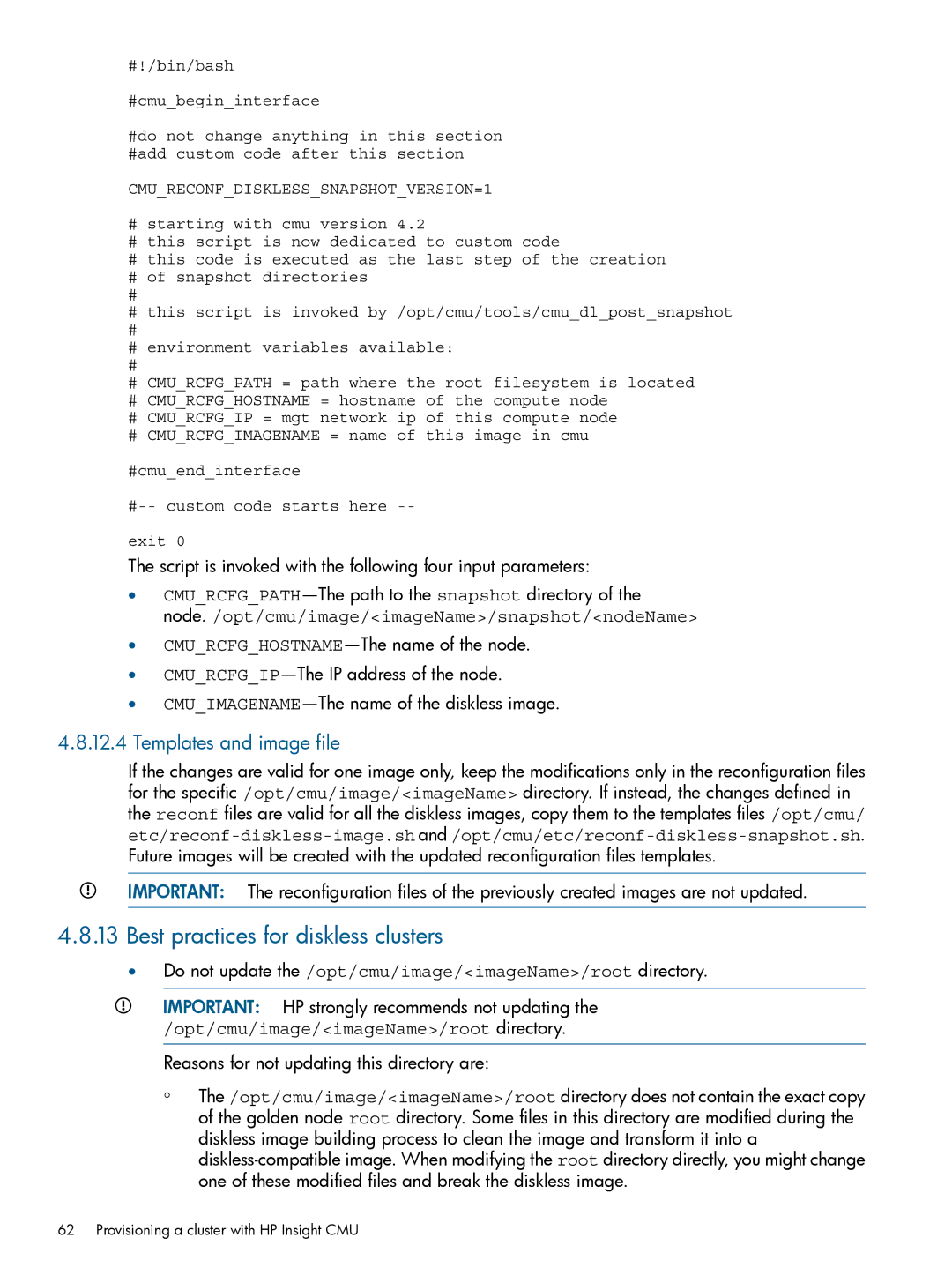 HP Insight Cluster Management Utility manual Best practices for diskless clusters, Templates and image file 