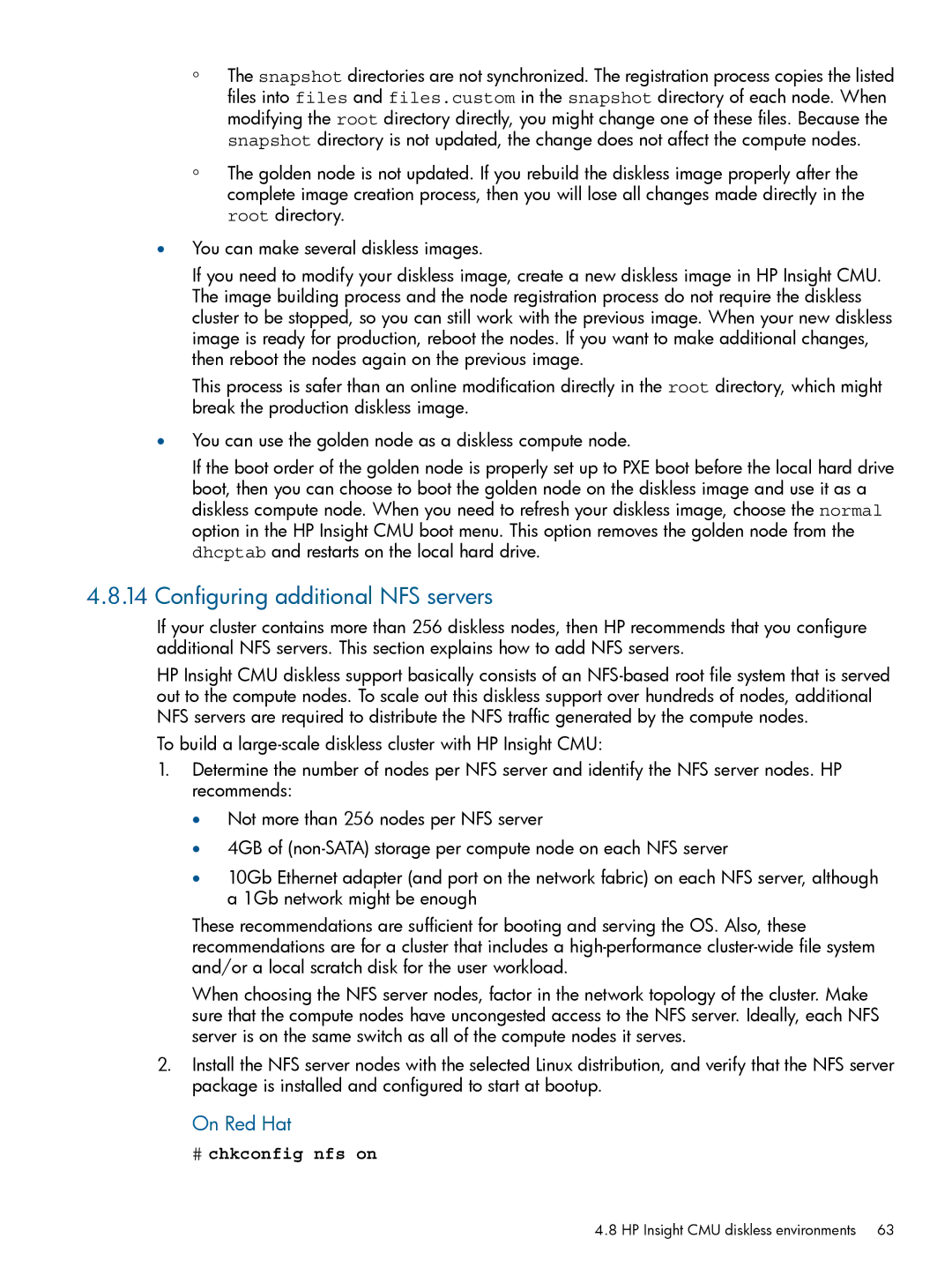 HP Insight Cluster Management Utility manual Configuring additional NFS servers, On Red Hat, # chkconfig nfs on 