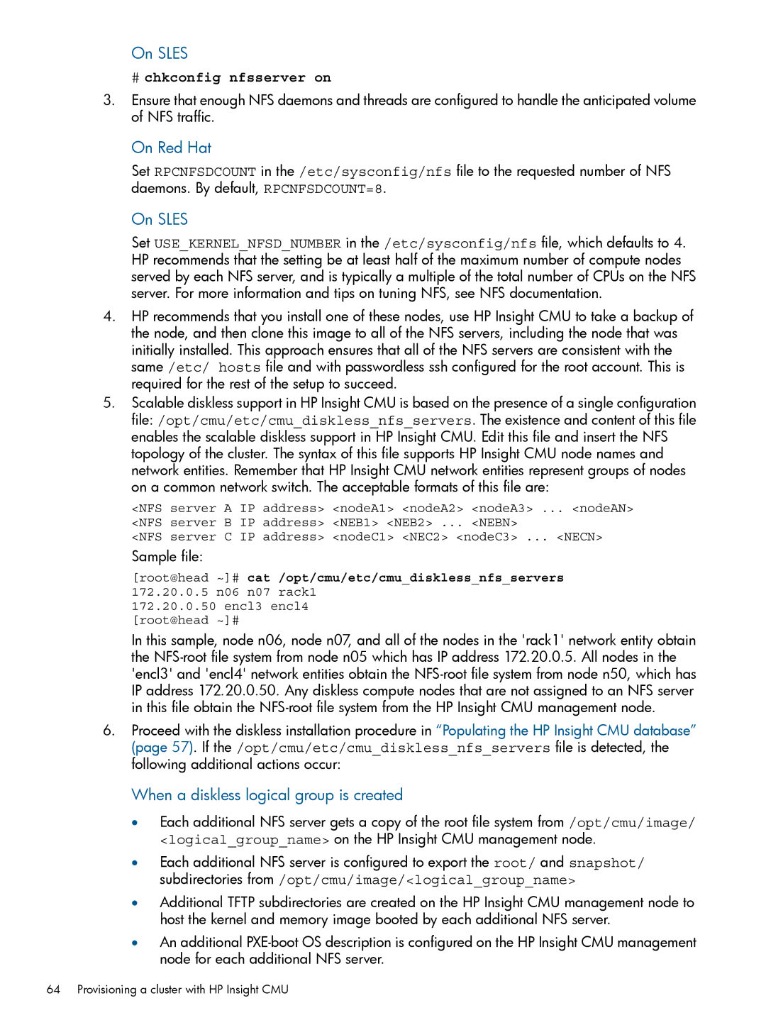 HP Insight Cluster Management Utility manual On Sles, When a diskless logical group is created, # chkconfig nfsserver on 