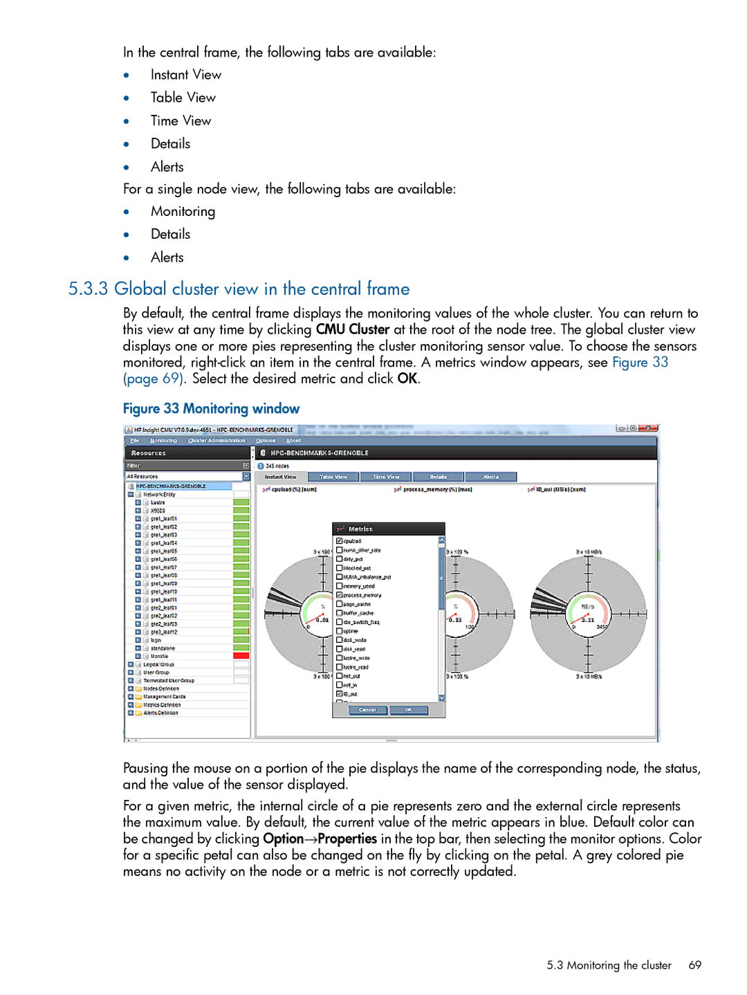 HP Insight Cluster Management Utility manual Global cluster view in the central frame, Monitoring window 