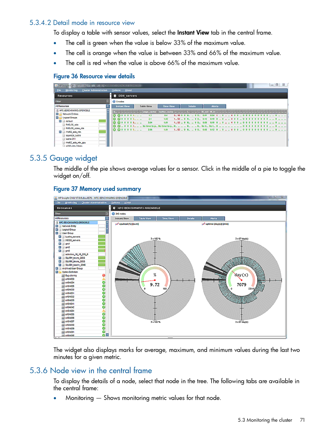 HP Insight Cluster Management Utility manual Gauge widget, Node view in the central frame, Detail mode in resource view 