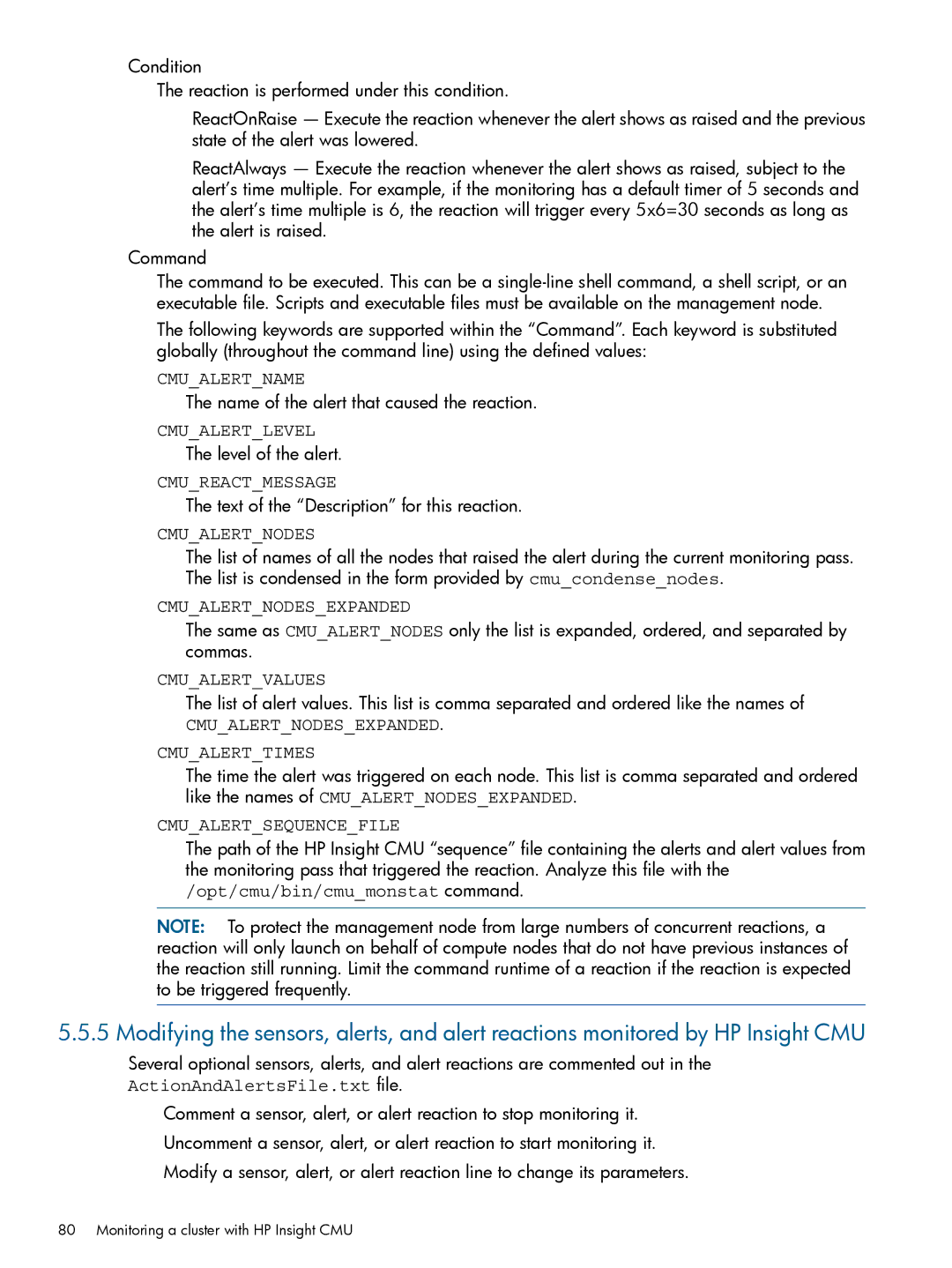 HP Insight Cluster Management Utility manual Name of the alert that caused the reaction, Level of the alert 