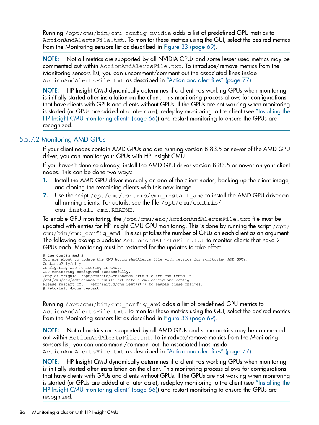 HP Insight Cluster Management Utility manual Monitoring AMD GPUs, # cmuconfigamd 