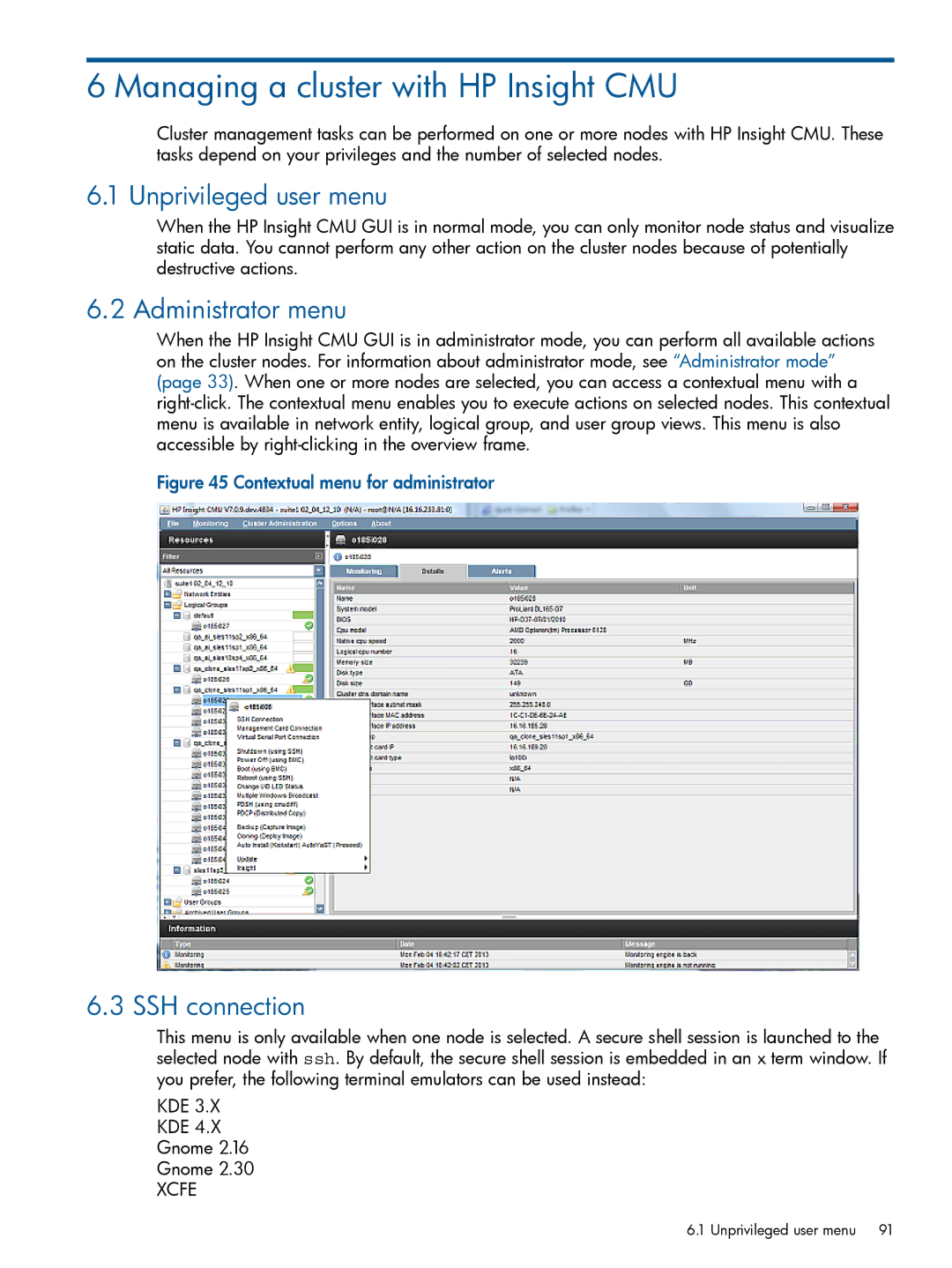 HP Insight Cluster Management Utility Managing a cluster with HP Insight CMU, Unprivileged user menu, Administrator menu 