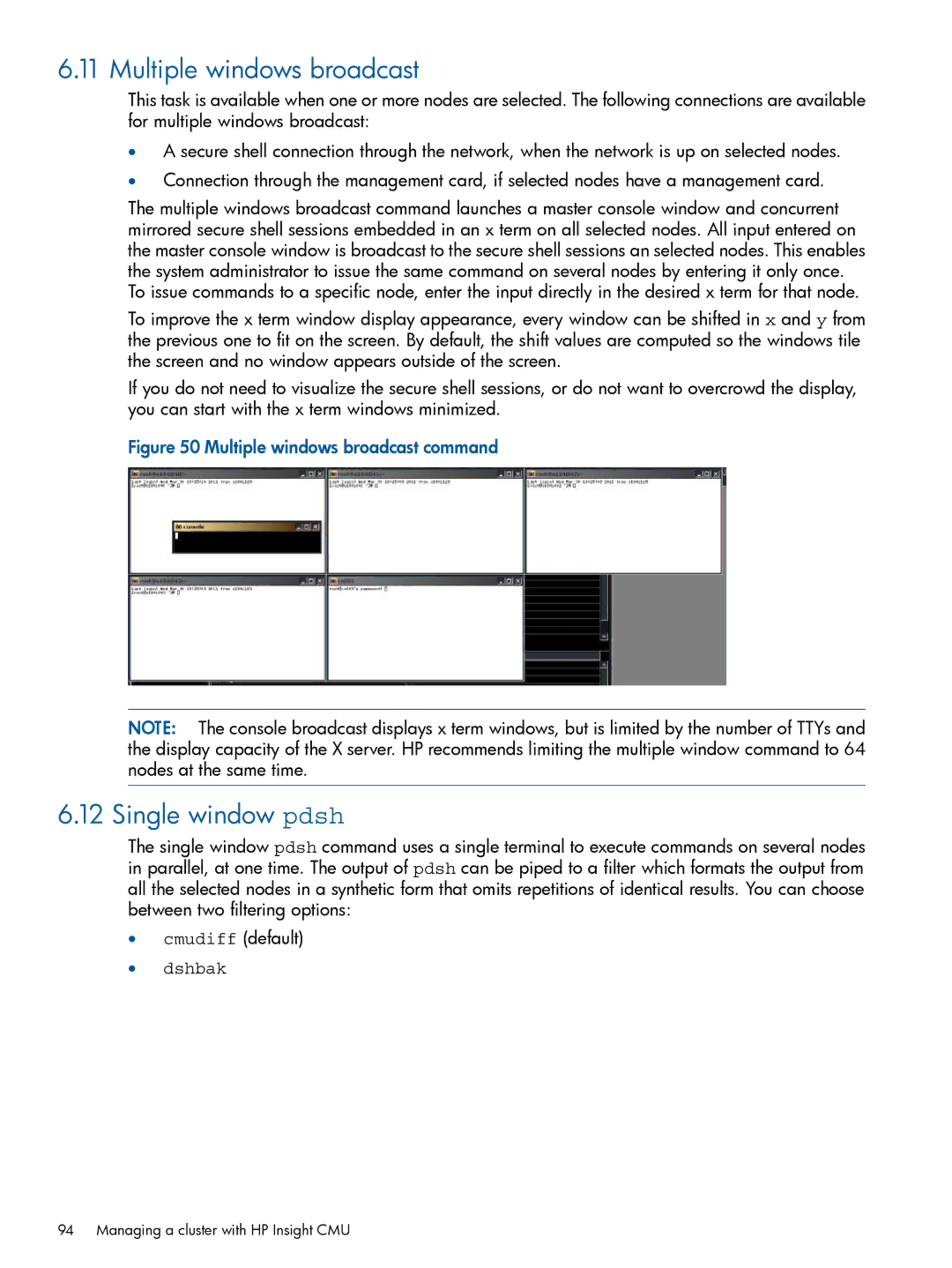 HP Insight Cluster Management Utility manual Multiple windows broadcast, Single window pdsh, Dshbak 