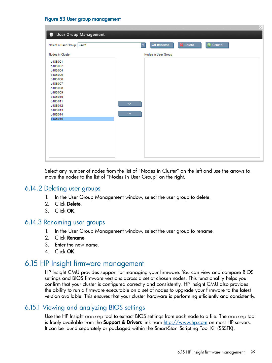 HP Insight Cluster Management Utility manual HP Insight firmware management, Deleting user groups, Renaming user groups 