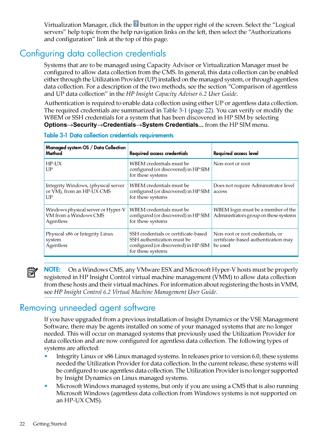 HP INSIGHT DYNAMICS T8671-91017 manual Configuring data collection credentials, Removing unneeded agent software 