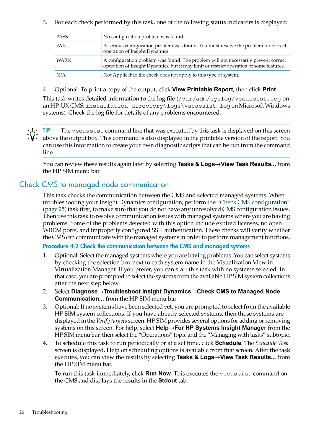 HP INSIGHT DYNAMICS T8671-91017 manual Check CMS to managed node communication, Fail 