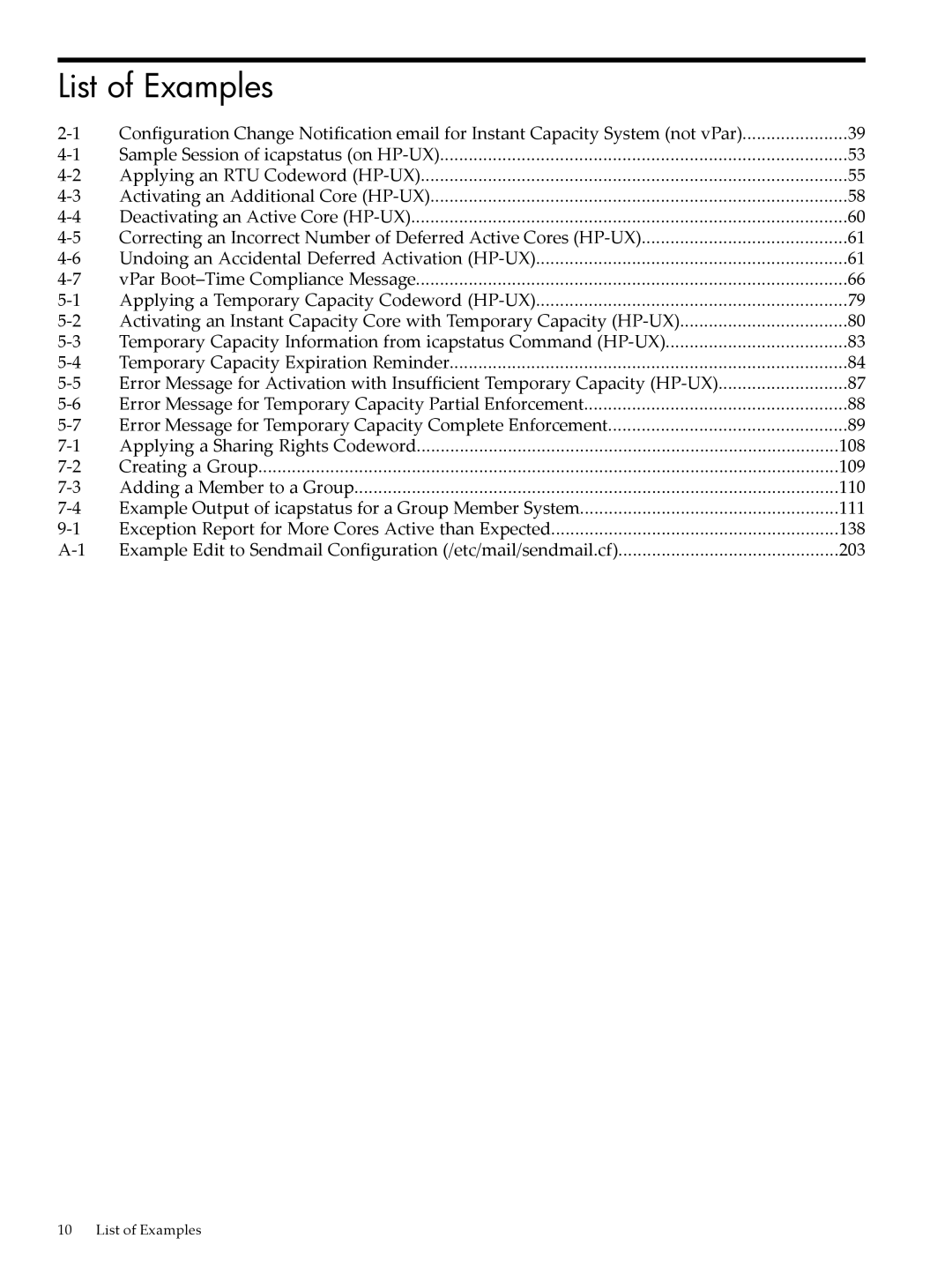 HP Instant Capacity (iCAP) manual List of Examples, 110, 111, 138, 203 