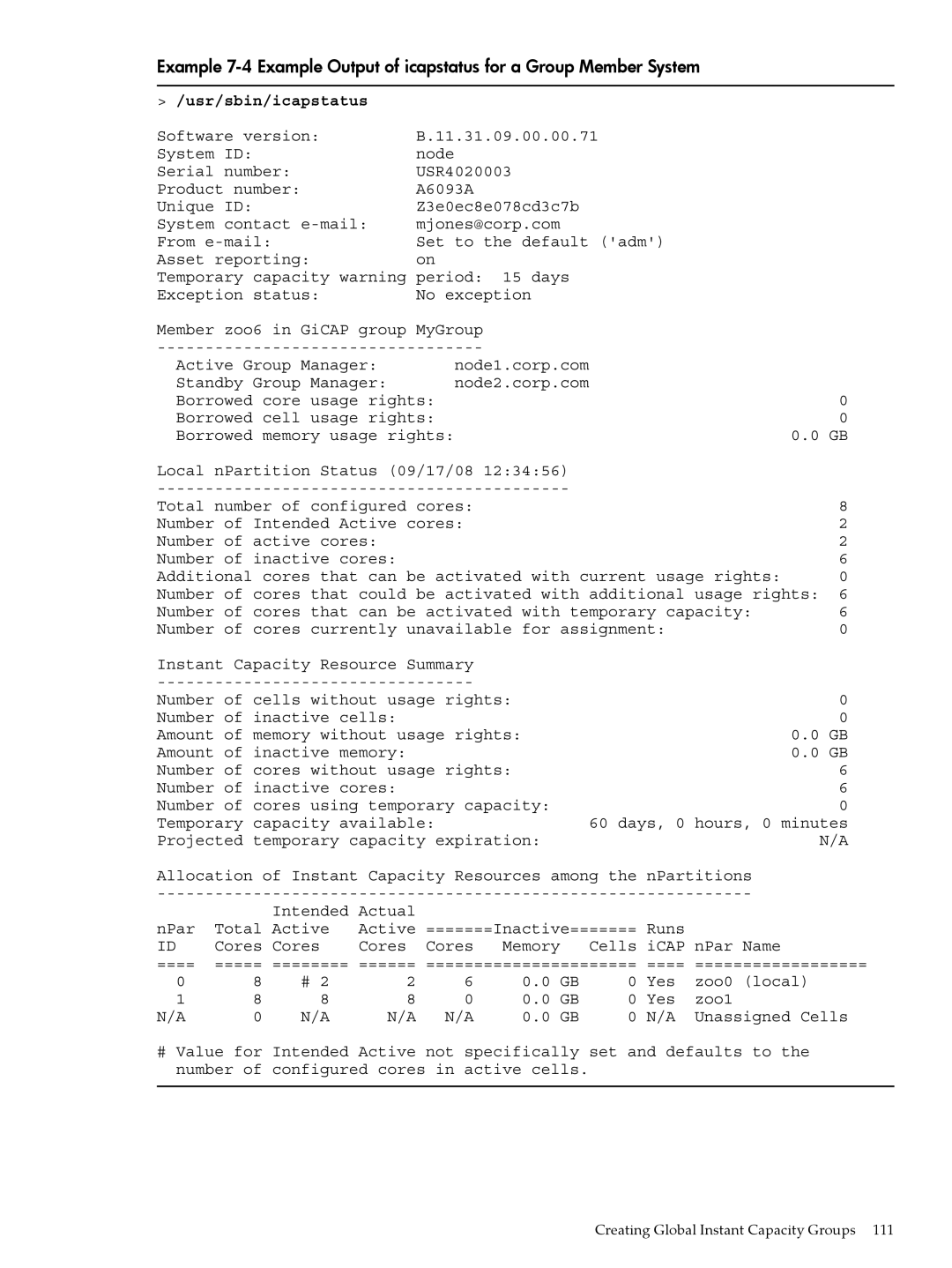 HP Instant Capacity (iCAP) manual Usr/sbin/icapstatus 