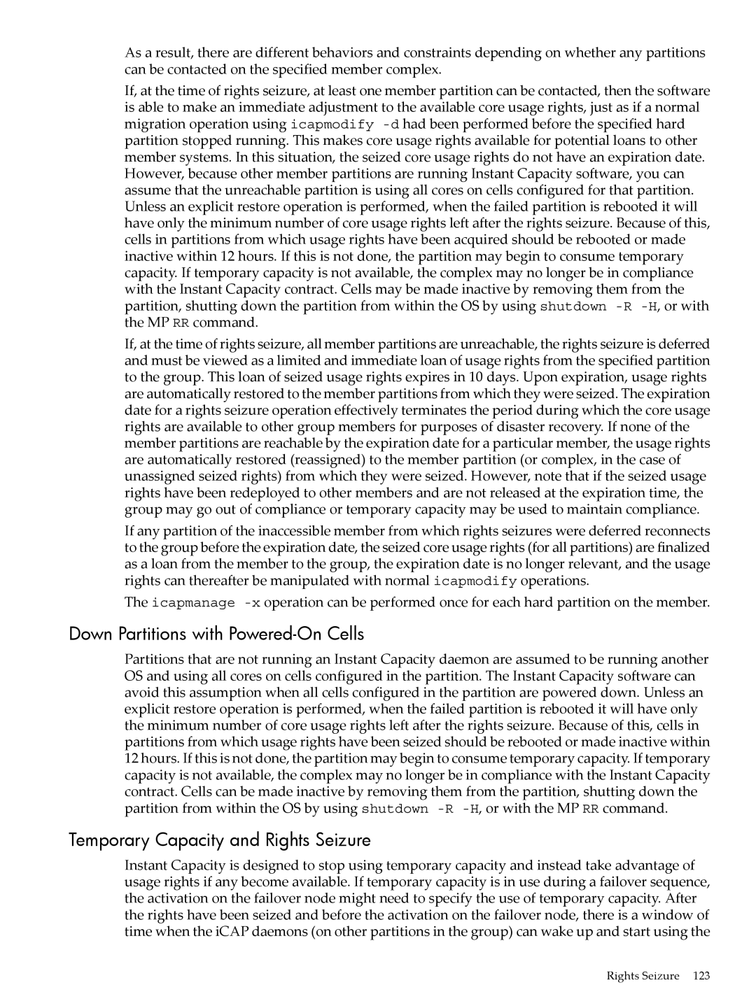 HP Instant Capacity (iCAP) manual Down Partitions with Powered-On Cells, Temporary Capacity and Rights Seizure 