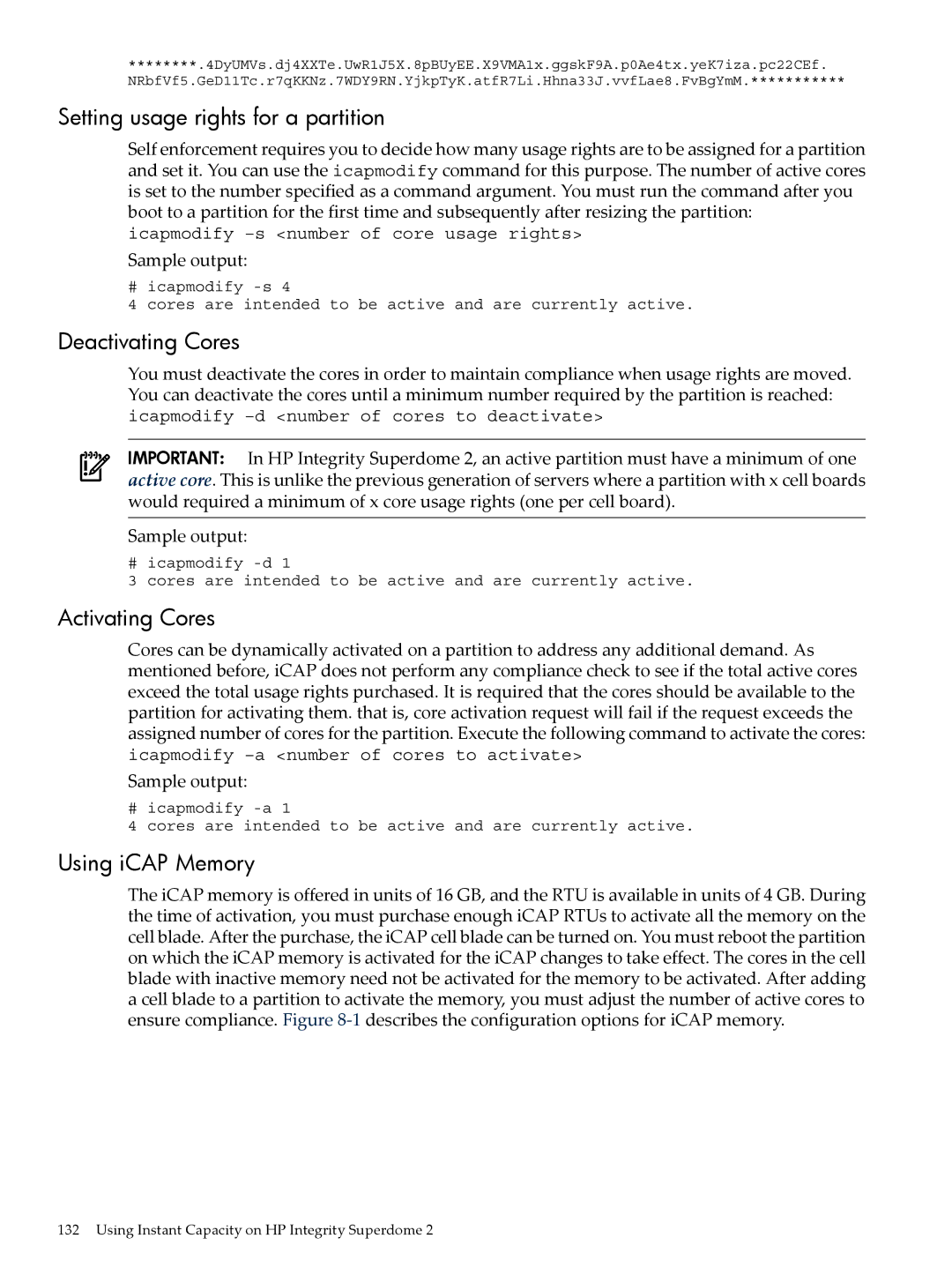 HP Instant Capacity (iCAP) Setting usage rights for a partition, Deactivating Cores, Activating Cores, Using iCAP Memory 