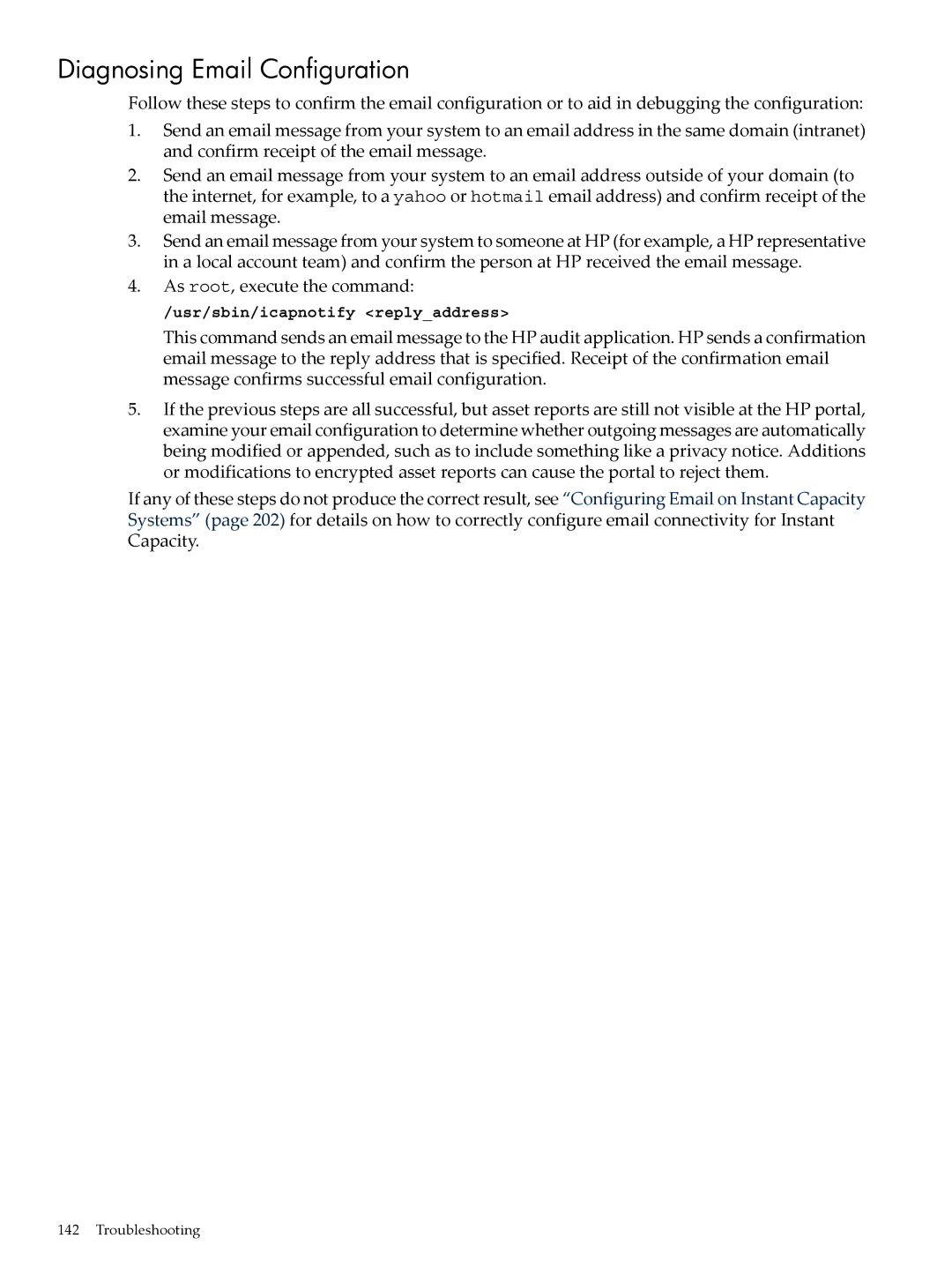 HP Instant Capacity (iCAP) manual Diagnosing Email Configuration, As root, execute the command 