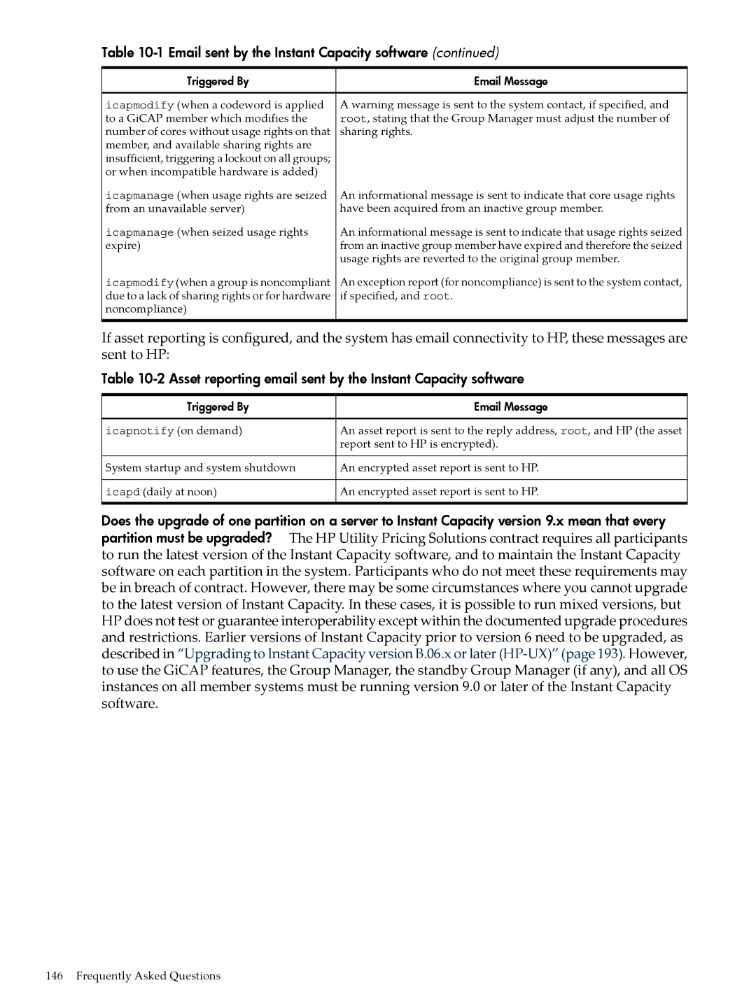 HP Instant Capacity (iCAP) manual Asset reporting email sent by the Instant Capacity software, Triggered By 