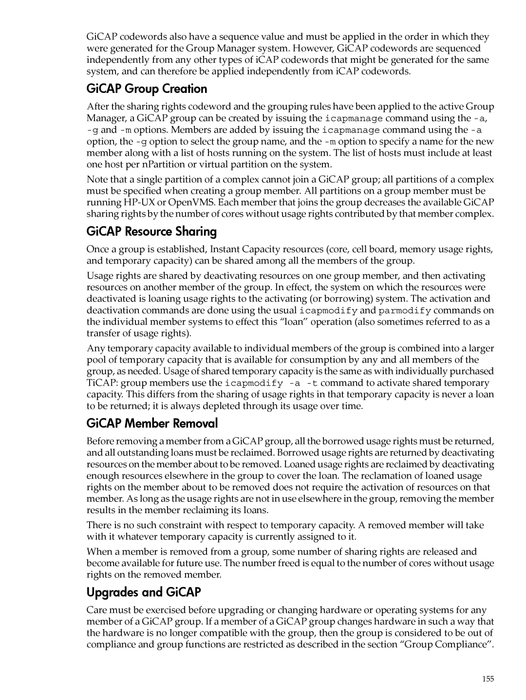 HP Instant Capacity (iCAP) manual GiCAP Group Creation, GiCAP Resource Sharing, GiCAP Member Removal, Upgrades and GiCAP 