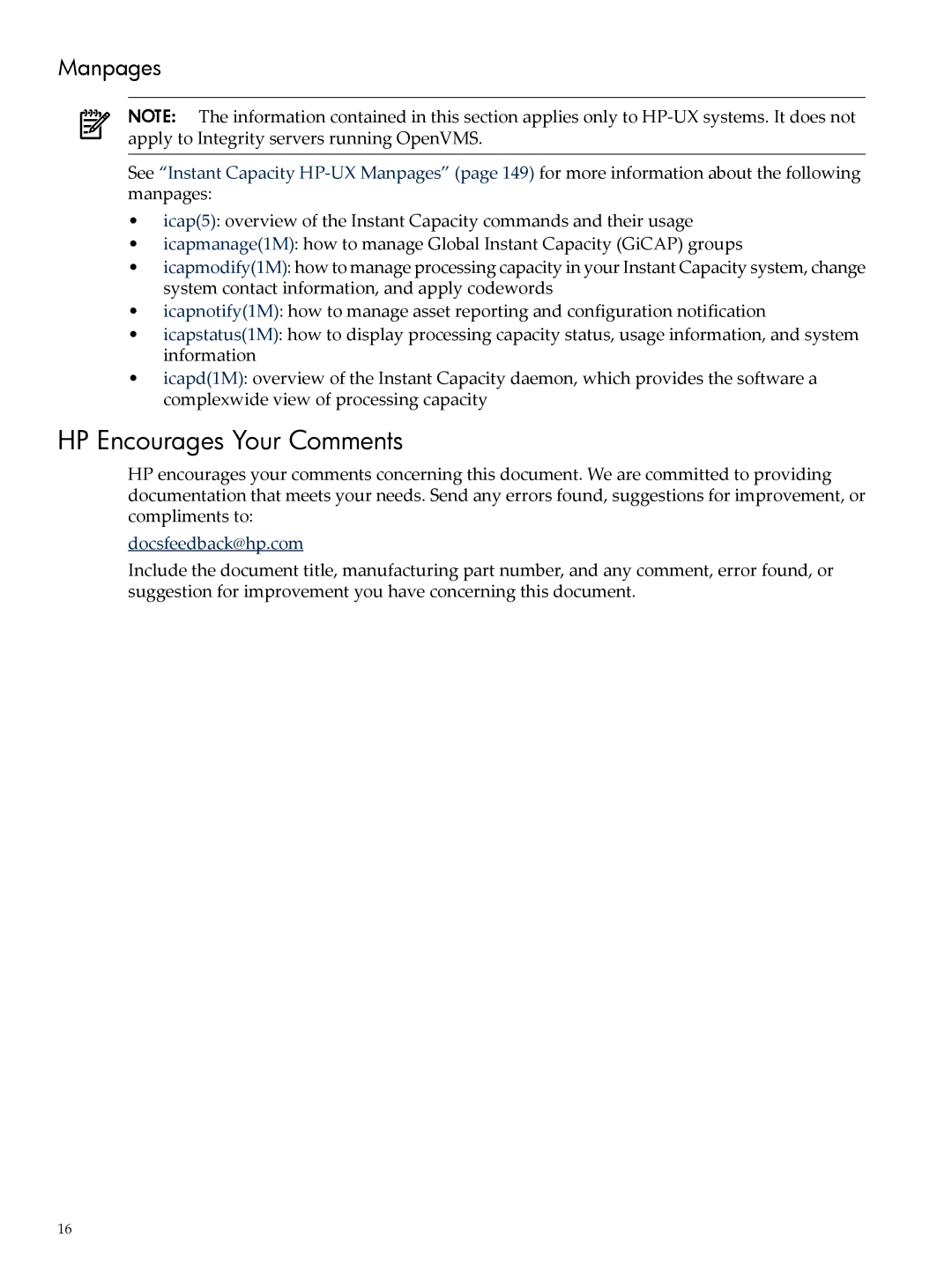 HP Instant Capacity (iCAP) manual HP Encourages Your Comments, Manpages 