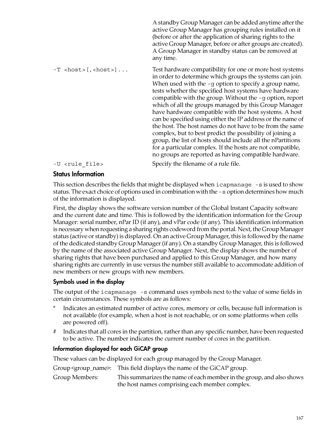 HP Instant Capacity (iCAP) Status Information, Symbols used in the display, Information displayed for each GiCAP group 