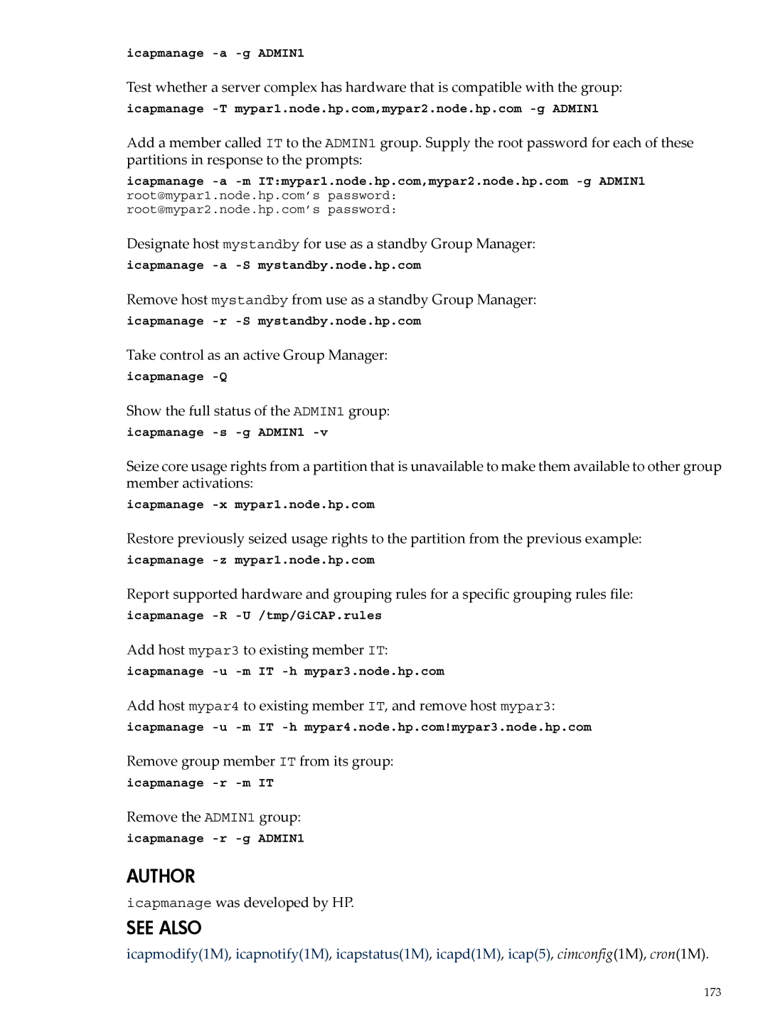 HP Instant Capacity (iCAP) manual Remove host mystandby from use as a standby Group Manager, Remove the ADMIN1 group 