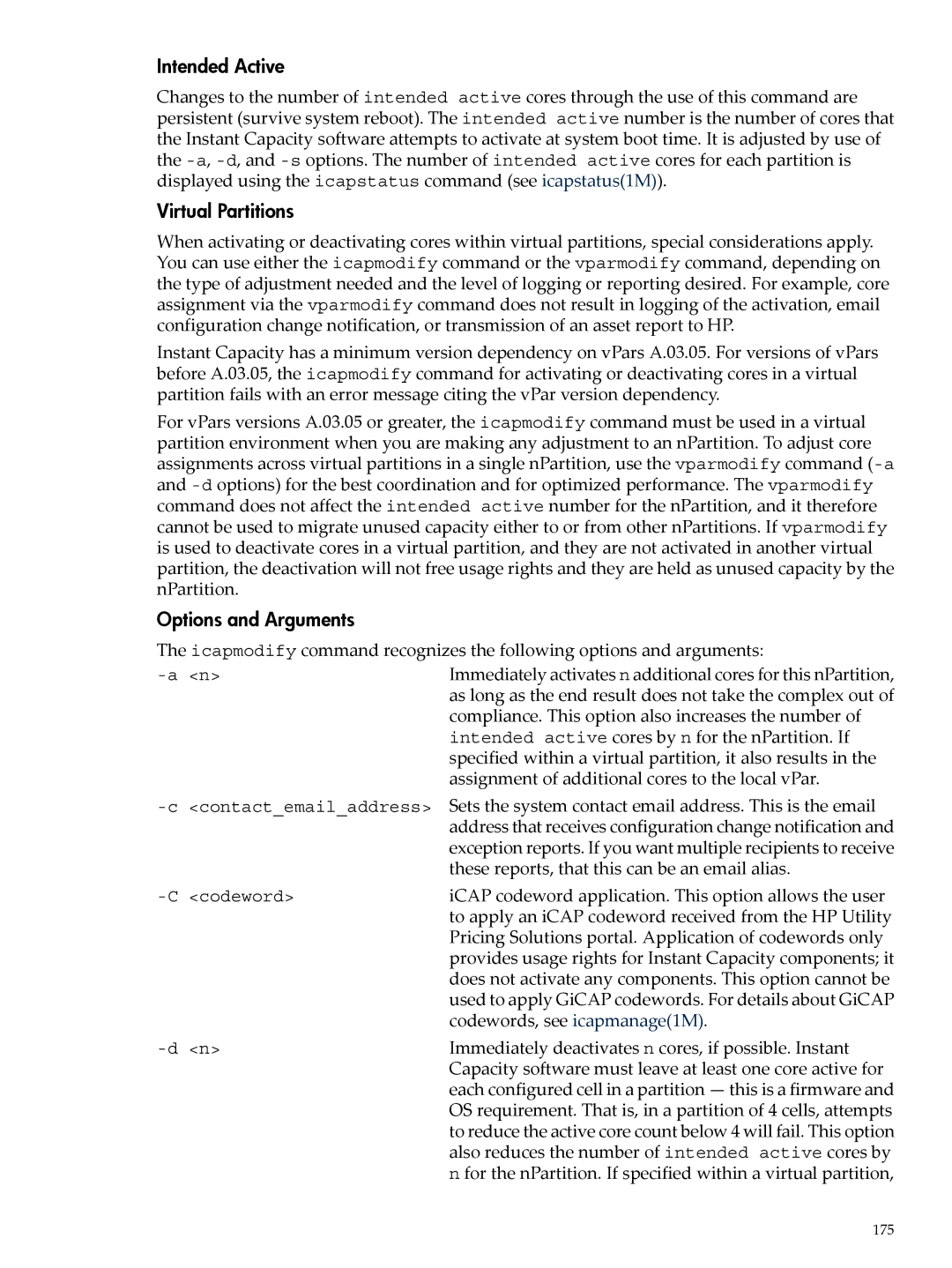 HP Instant Capacity (iCAP) manual Intended Active, Options and Arguments 