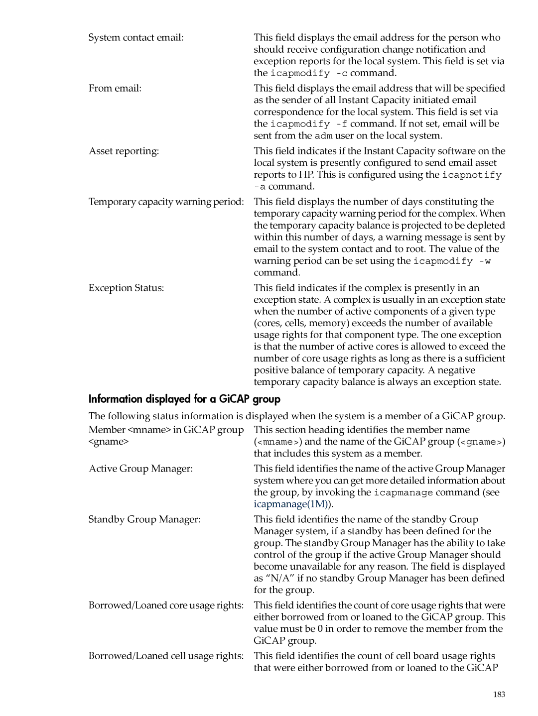 HP Instant Capacity (iCAP) manual Information displayed for a GiCAP group 