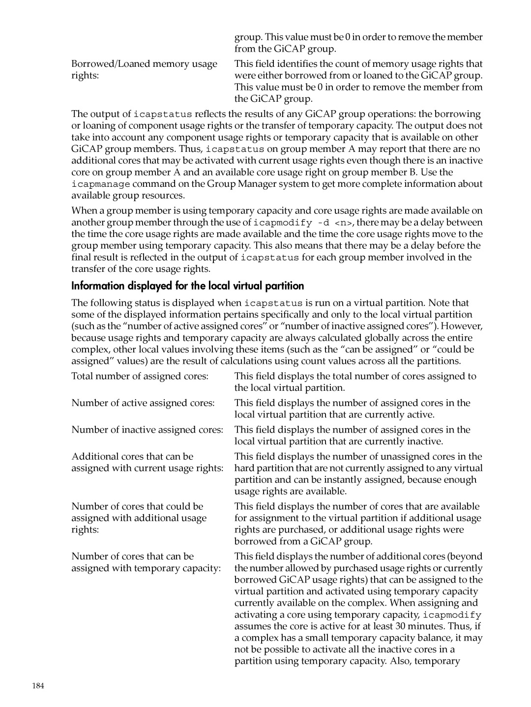 HP Instant Capacity (iCAP) manual Information displayed for the local virtual partition, From the GiCAP group 